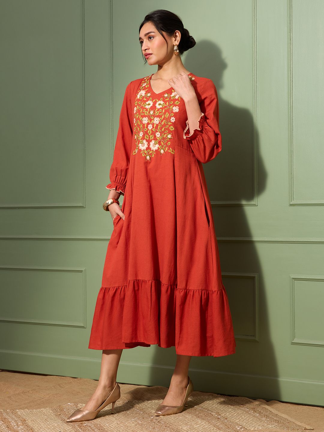 Terracotta Rust Embroidered Cotton Linen Dress