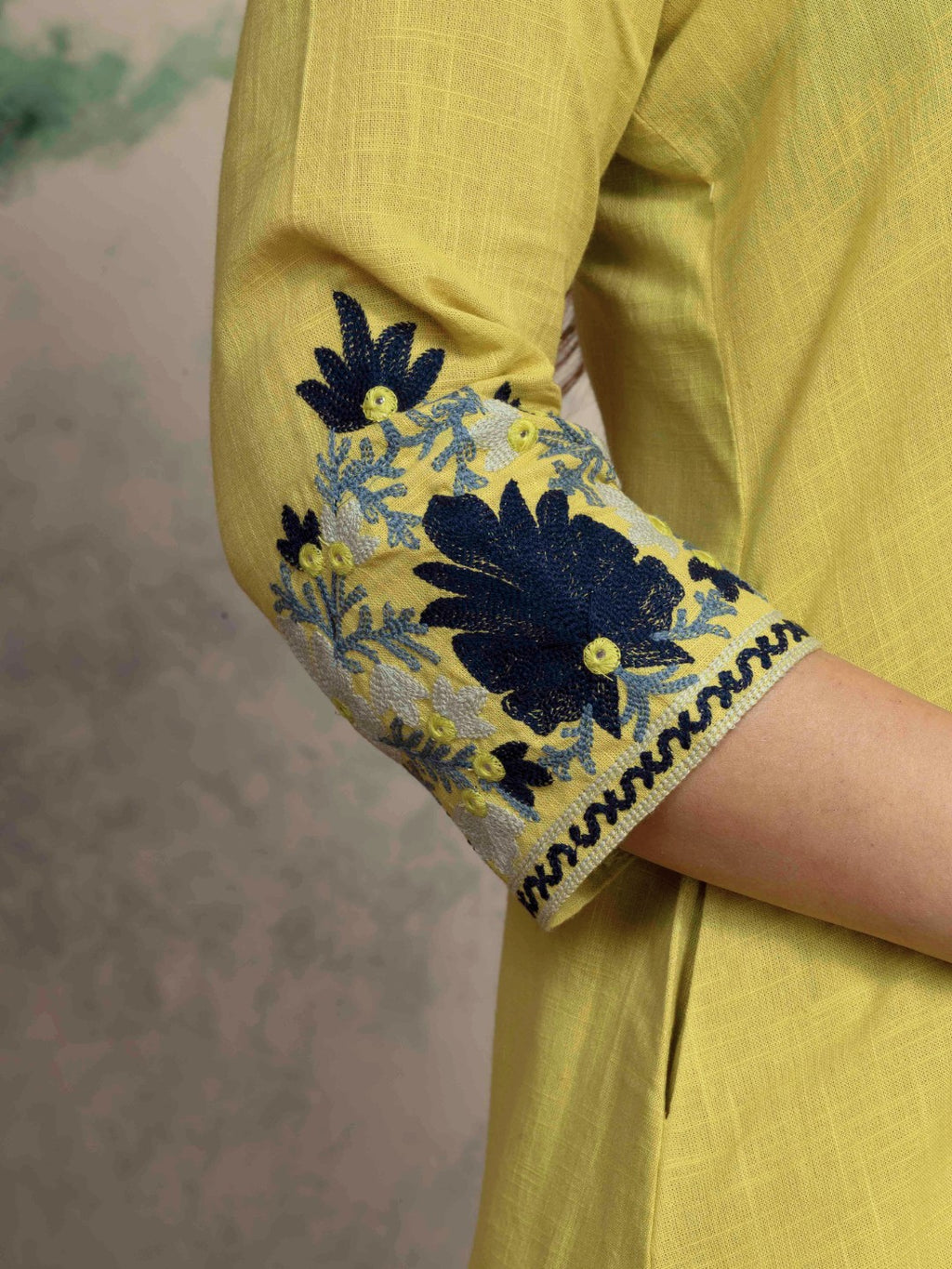 Lime Blossom Kashida Embroidered A-Line Cotton Kurta Set with Salwar