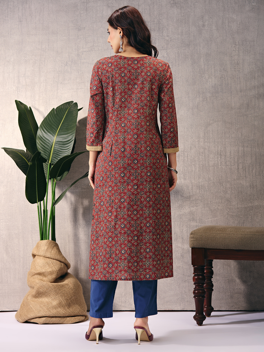 Maroon Sanganeri Block Motifs Kurta with Embroidery