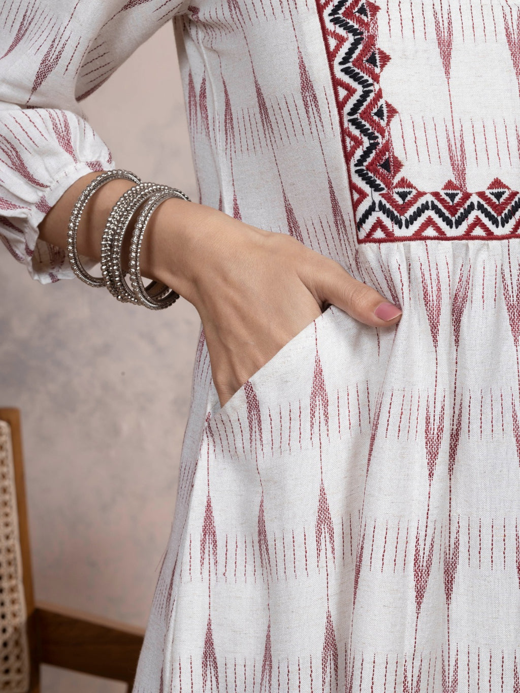 Ecru Dobby Kurta with Deep Red Motifs & Embroidered Yoke