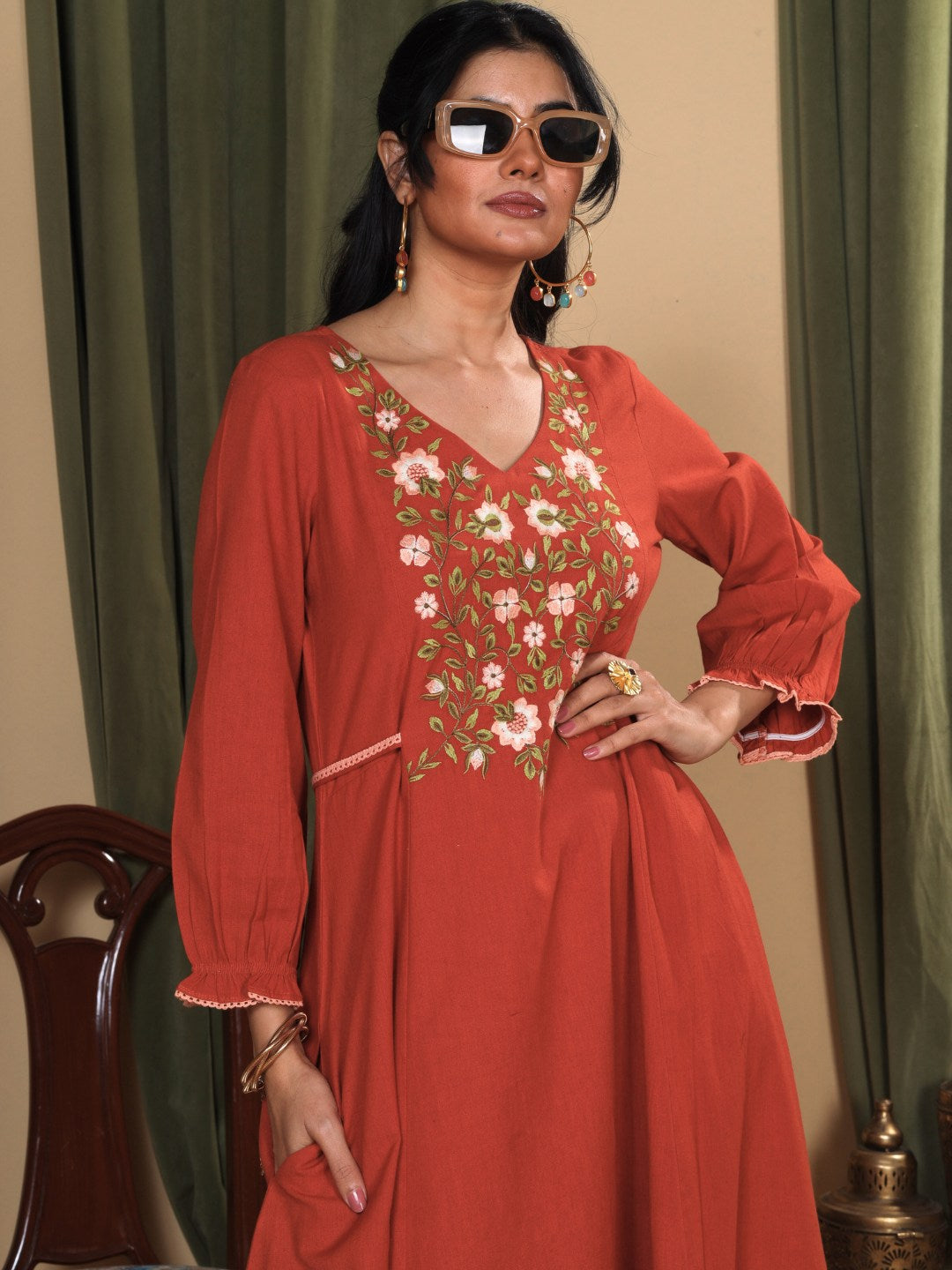 Terracotta Rust Embroidered Cotton Linen Dress