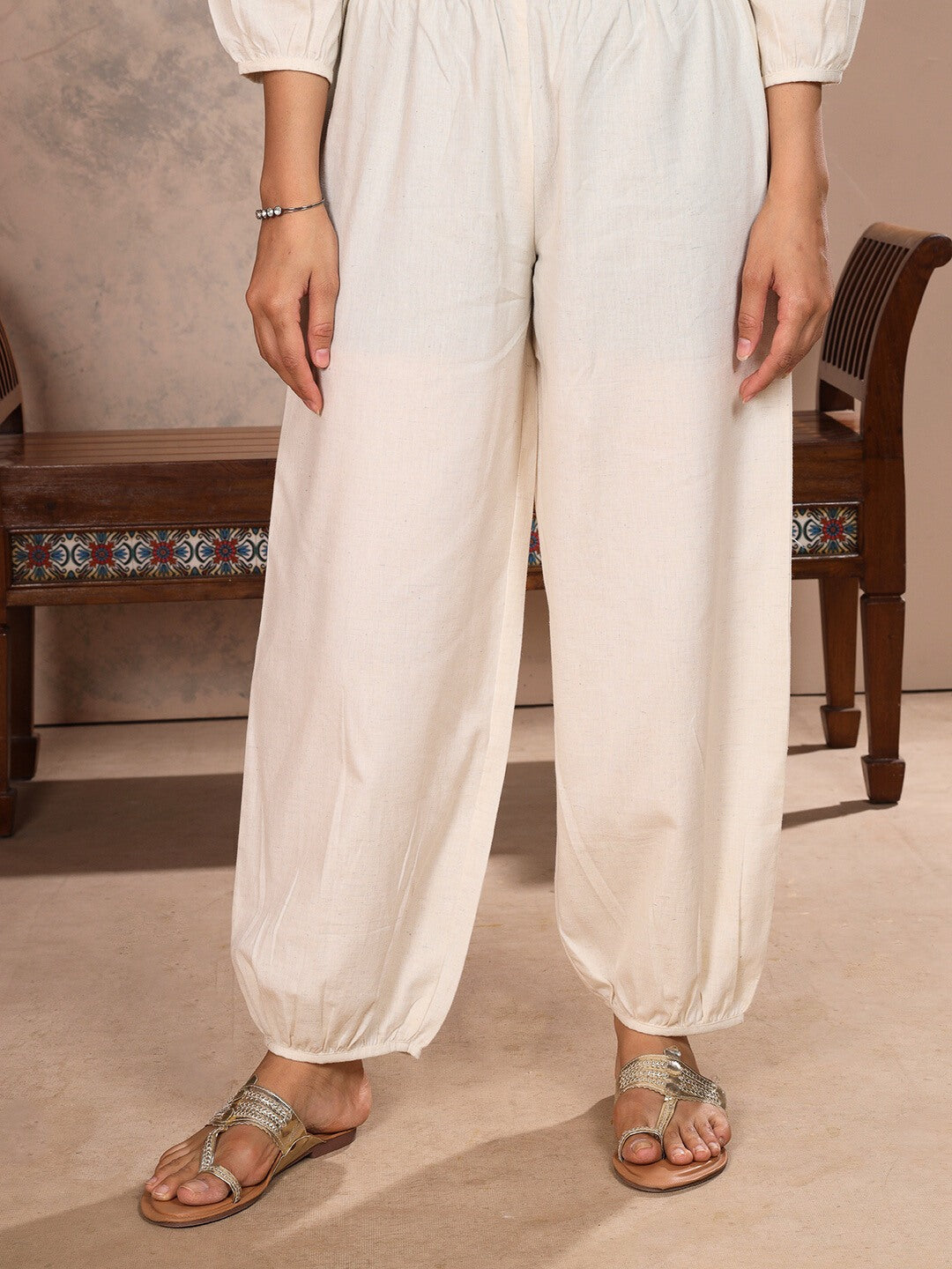 Ecru Natural Embroidered Kurta Set with Piping Salwar