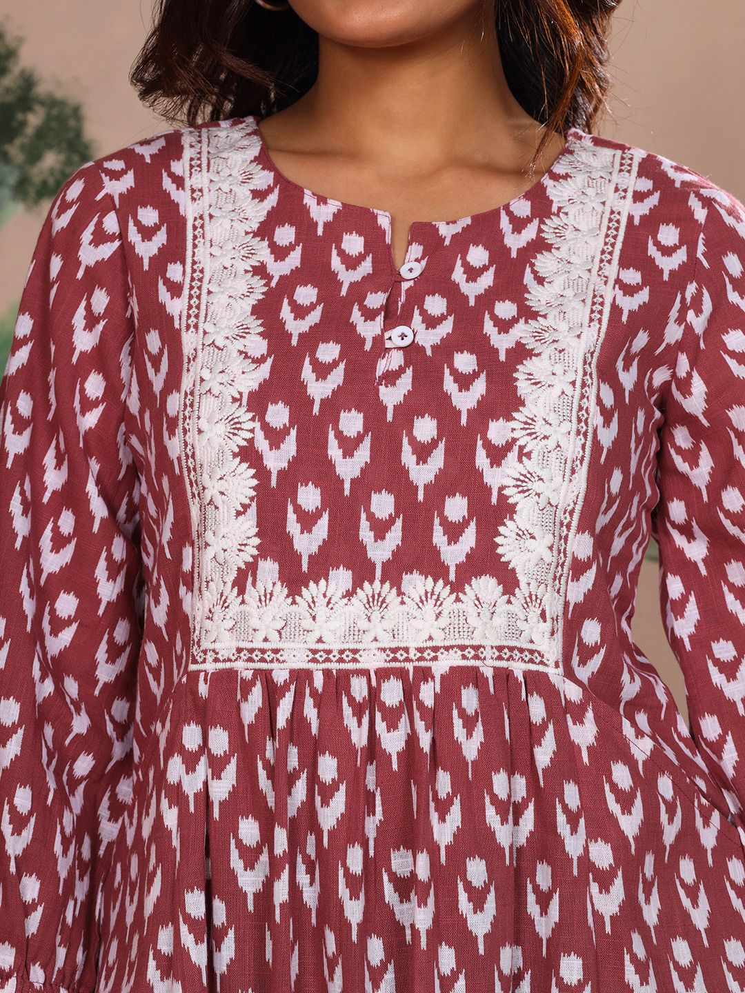 Rosewood Pink Cotton Slub Dress Waist Yoke with Embroidery