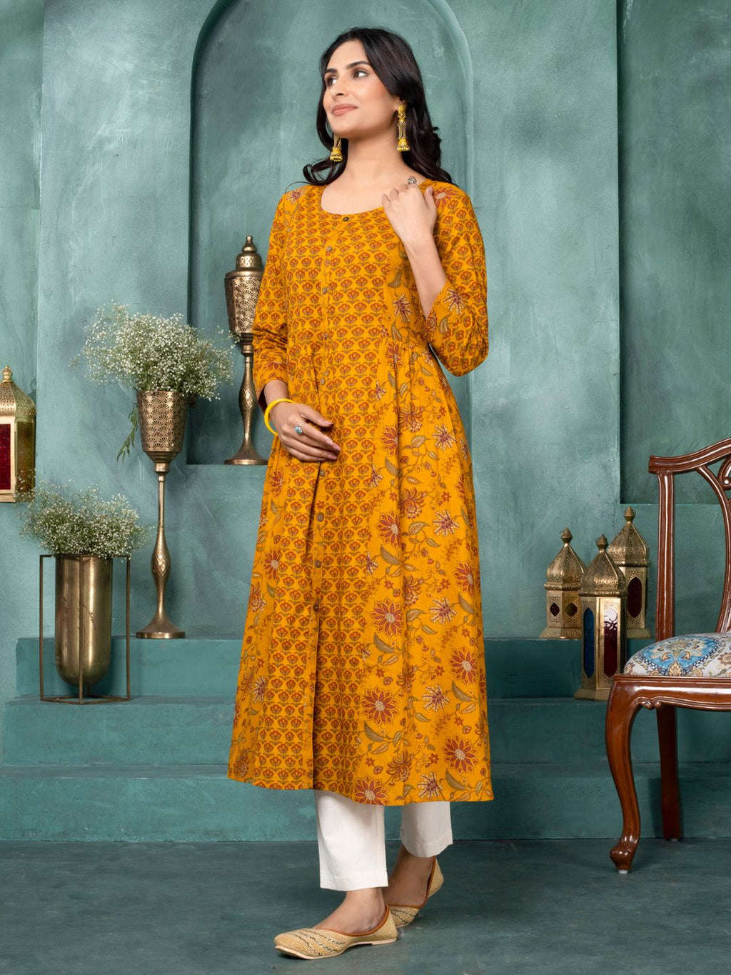 Mustard Ornate Bloom Panelled Kurta