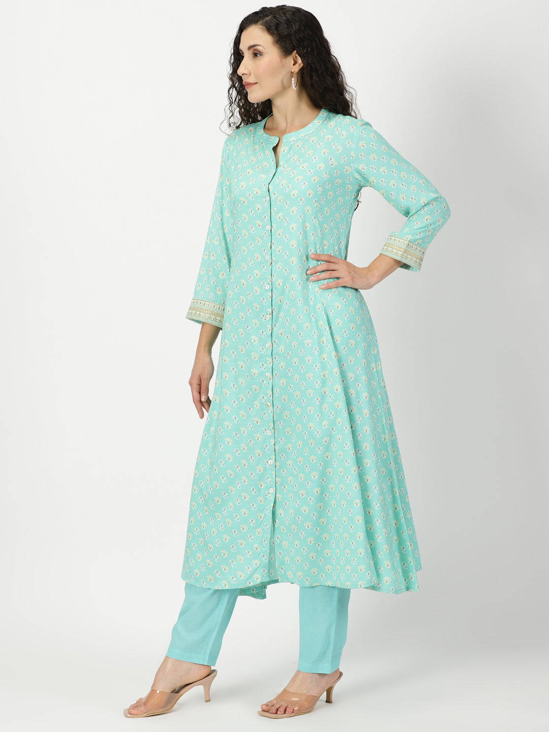Sea Green Floral Print Button-Down Kurta with Embroidery Border