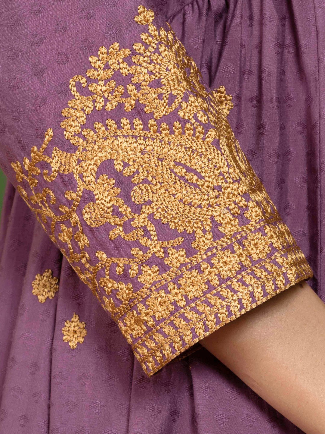 Dusty Plum Kashida Embroidered Fit and Flare Kurta with Salwar and Dupatta