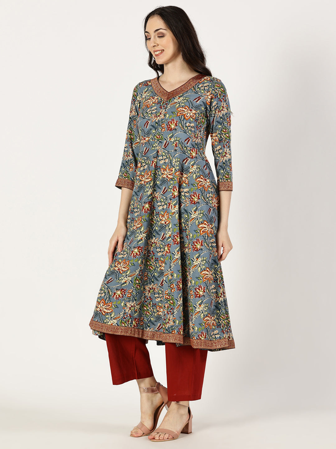 Blue Floral Print Anarkali Kurta with Brocade Lace Details