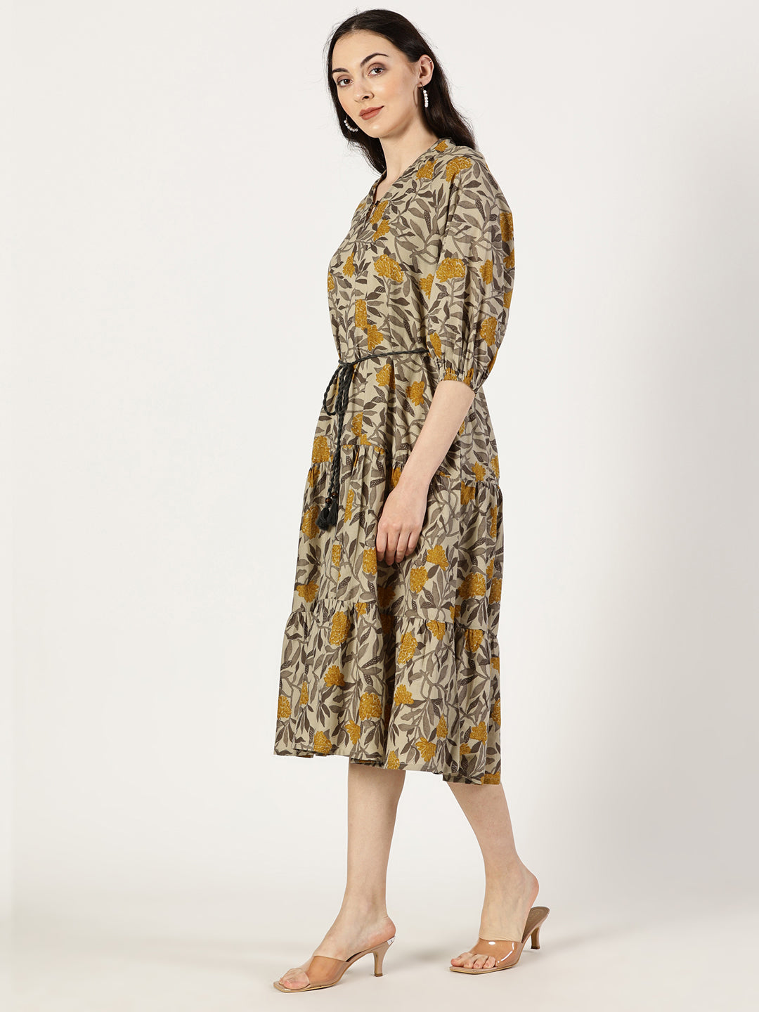 Mustard Tropical Print Cotton Dress with Waist Tie-up