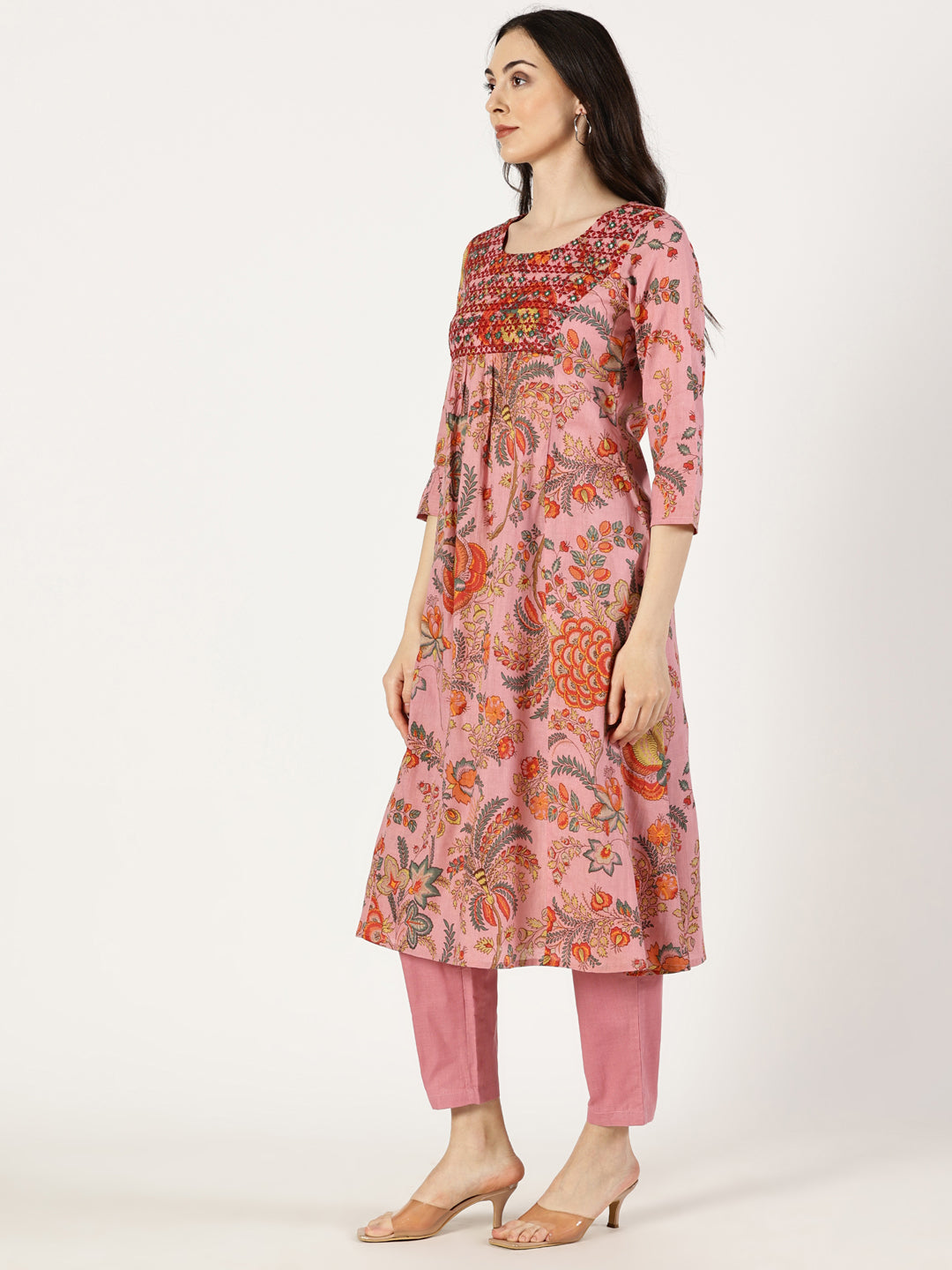 Pink Floral Print Kurta with Neck Embroidery