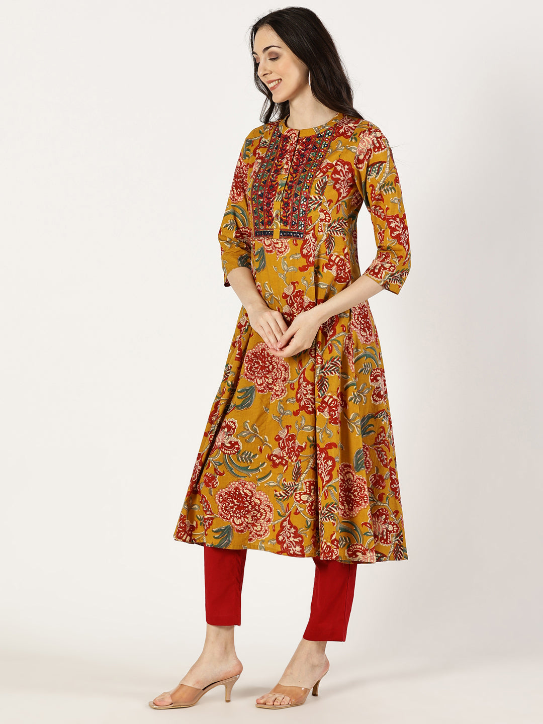 Mustard Cotton Printed Kurta with Embroidered Neck and Mirror Work