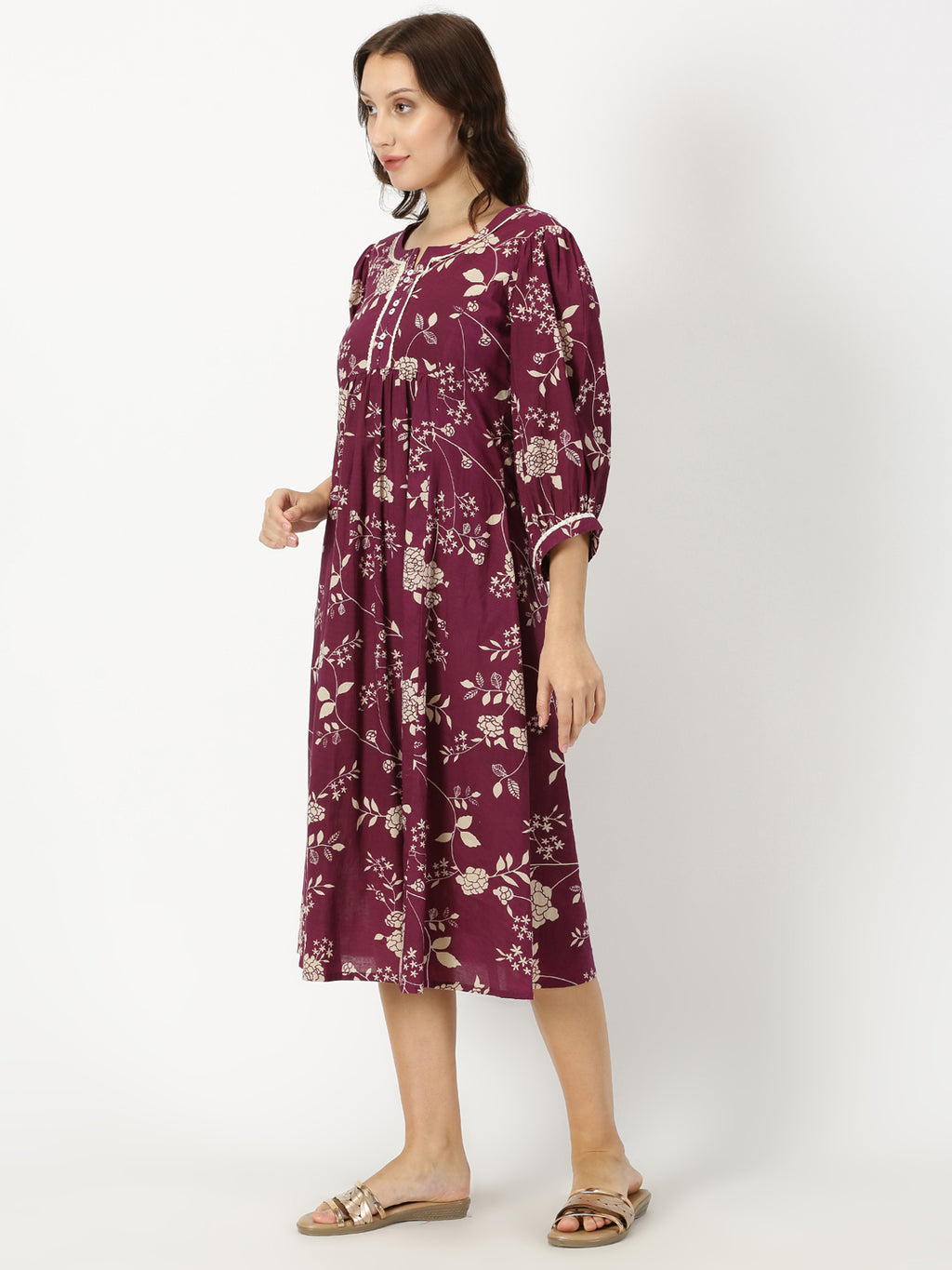 Wine Floral Print Midi Dress
