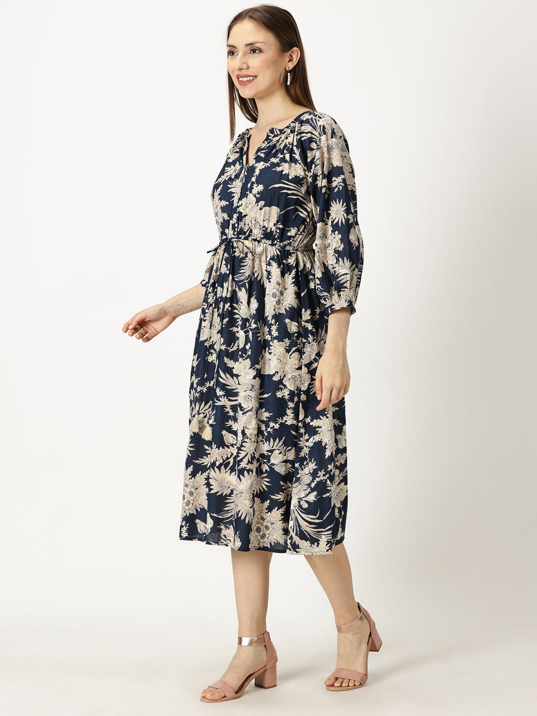 Navy Blue Tropical Print Cotton Dress with Waist Tie-up