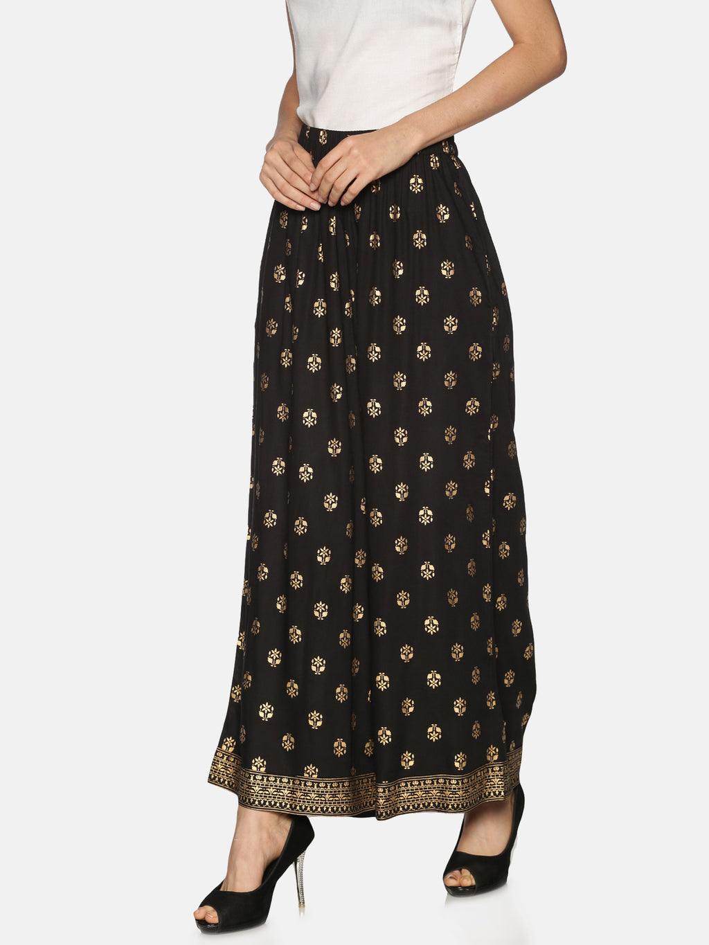 Black & Gold-Toned Printed Flared Palazzo