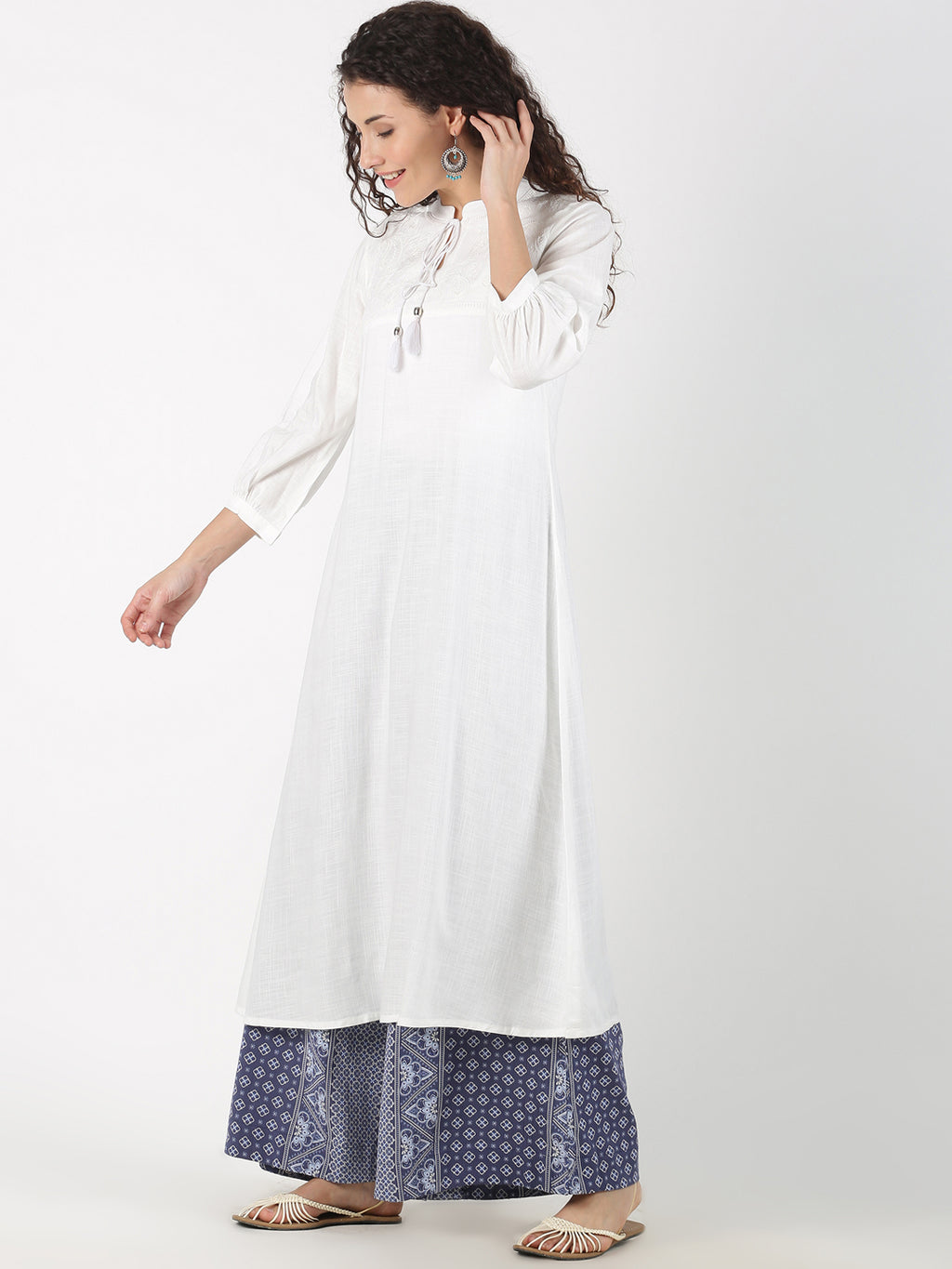 White Solid A-Line Kurta with Neck Tassels