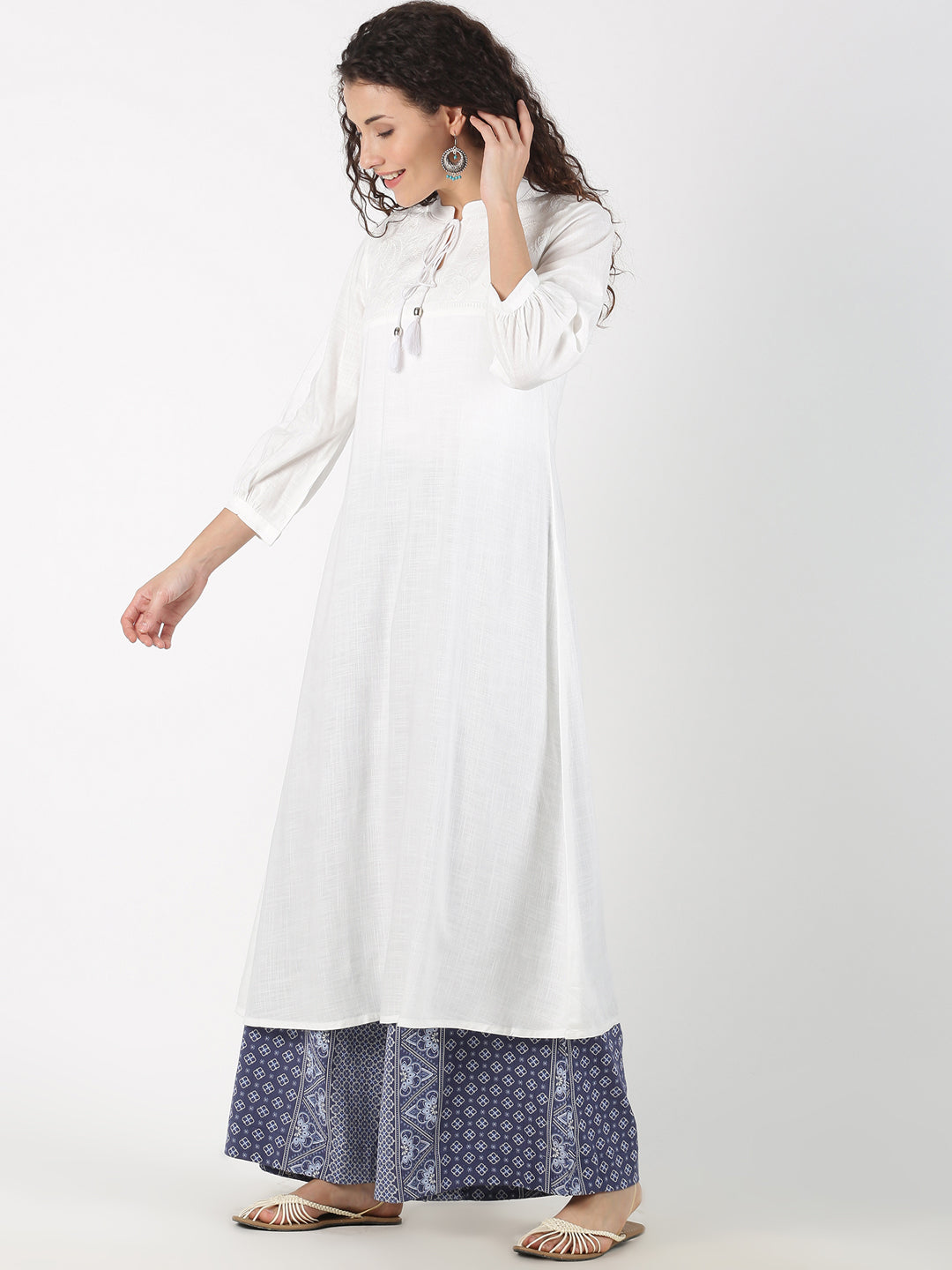 White Solid A-Line Kurta with Neck Tassels
