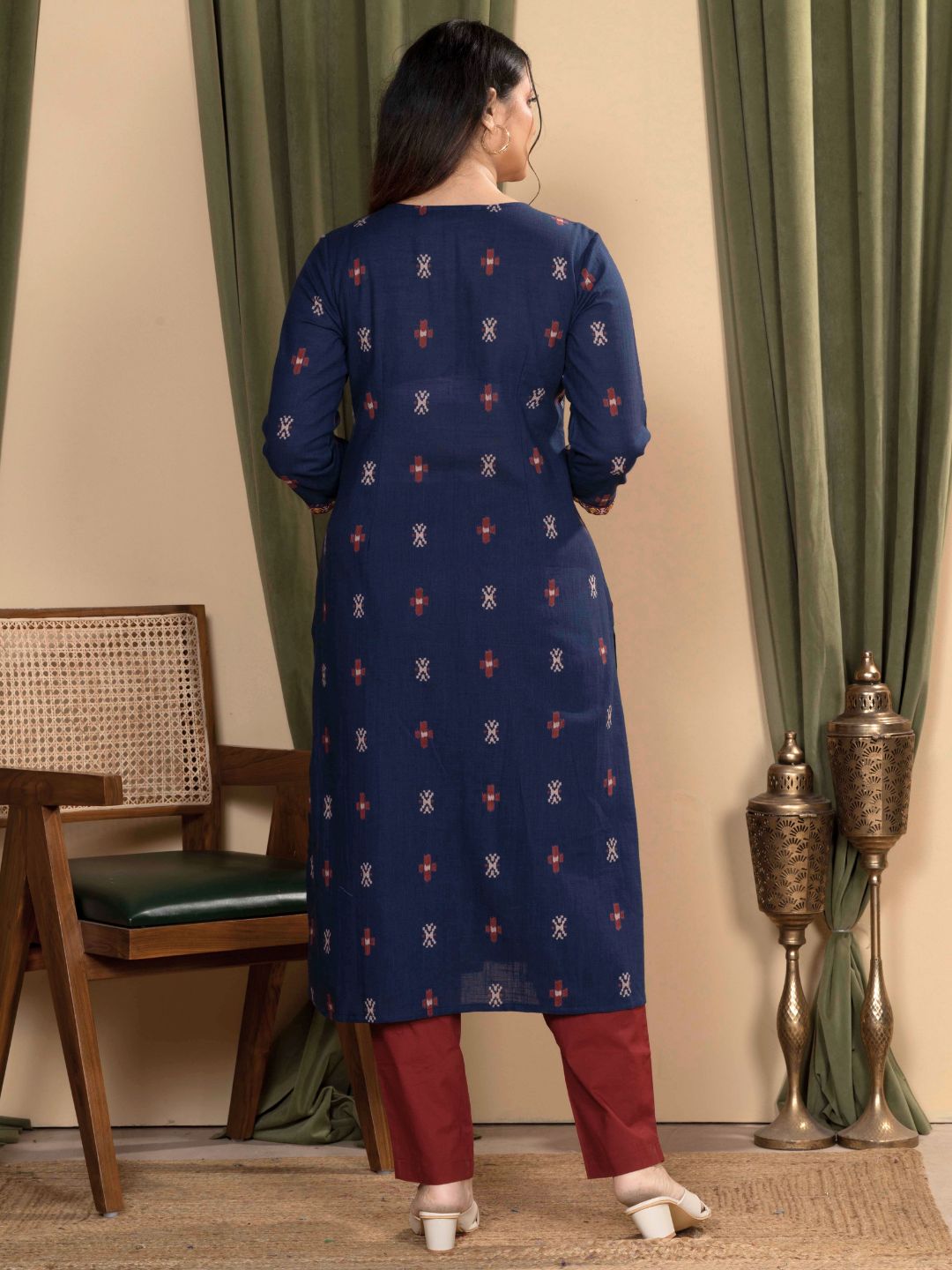 Regal Navy Blue Ikat Print Cotton Kurta with Embroidery