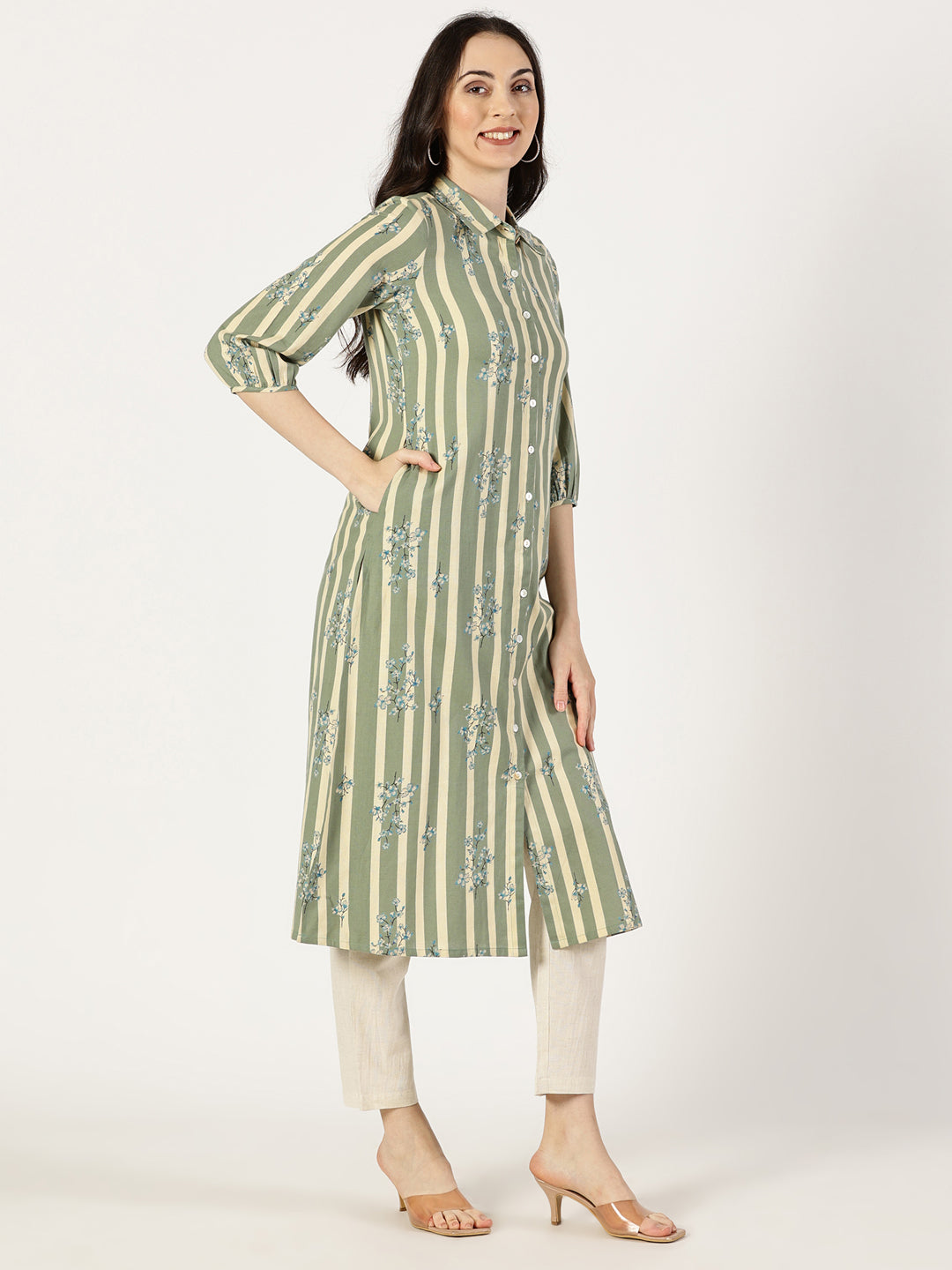 Green Floral Print Shirt Kurta