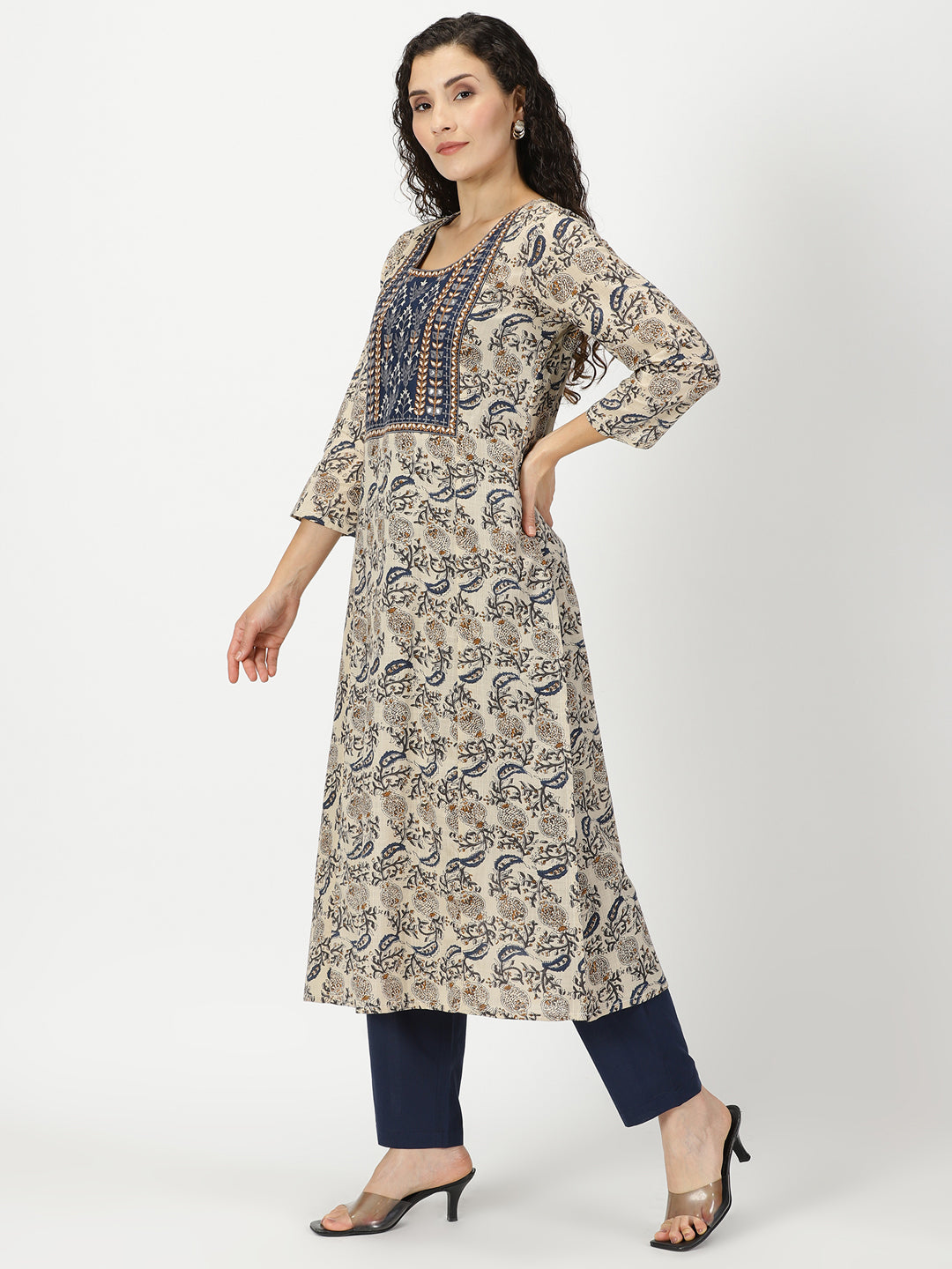 Blue Paisley Print Kurta with Yoke Embroidery