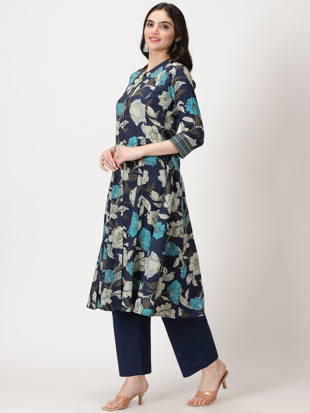 Navy Blue Floral Print Button-Down Kurta