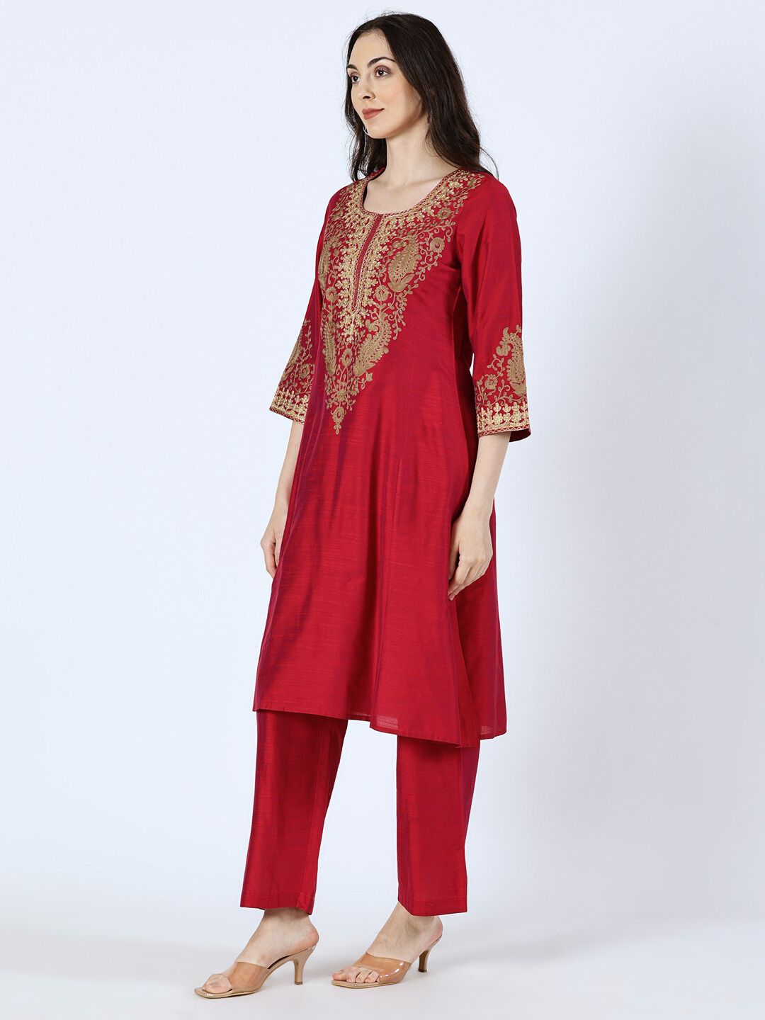 Magenta Art Silk Embroidered Kurta and Palazzo Set