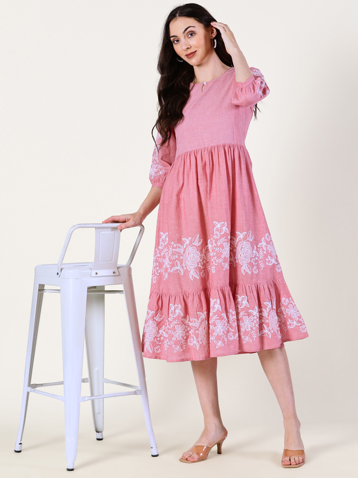 Pink Cotton Tiered Embroidered Dress