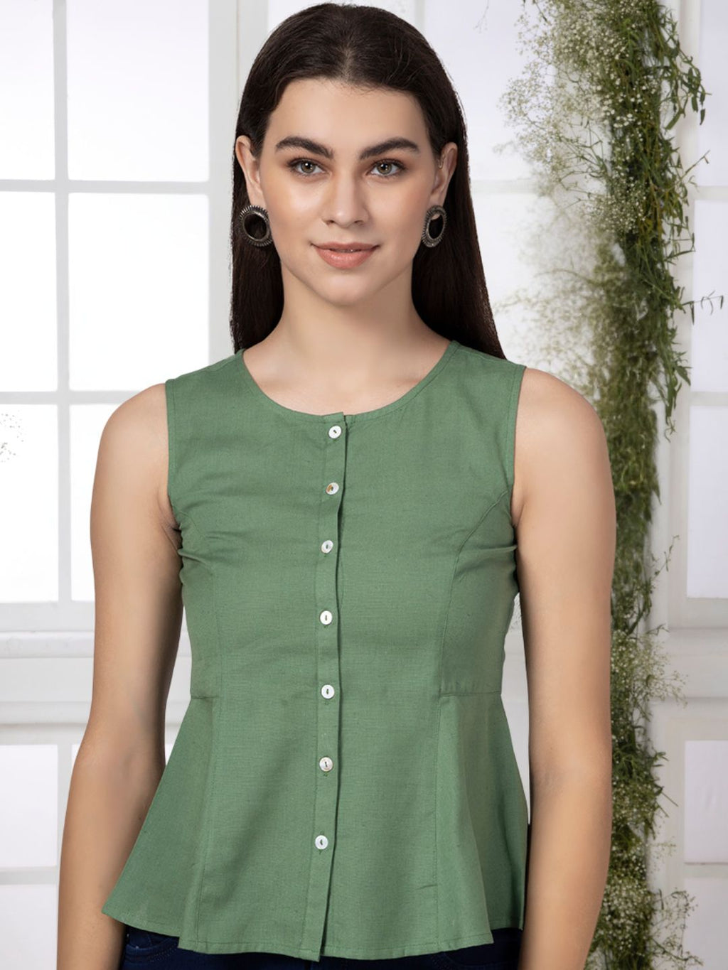Olive Cotton Flax Panelled A-Line Top with Button-Down Placket