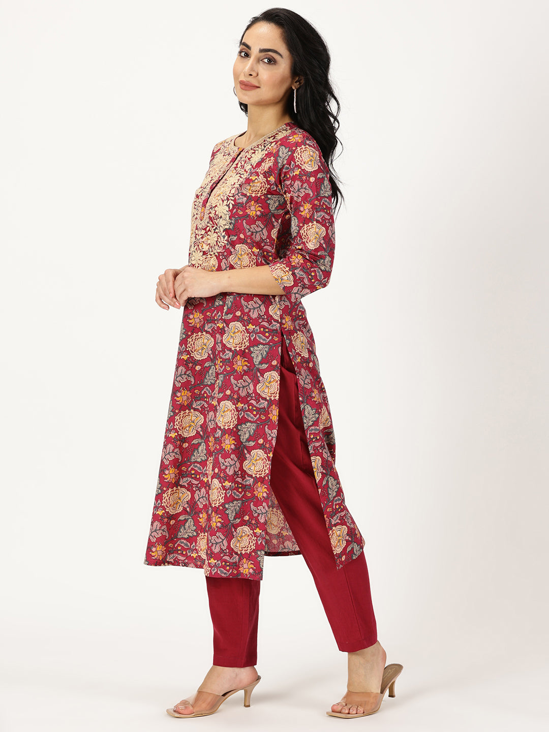 Wine Ethnic Floral Print Kurta with Yoke Embroidery