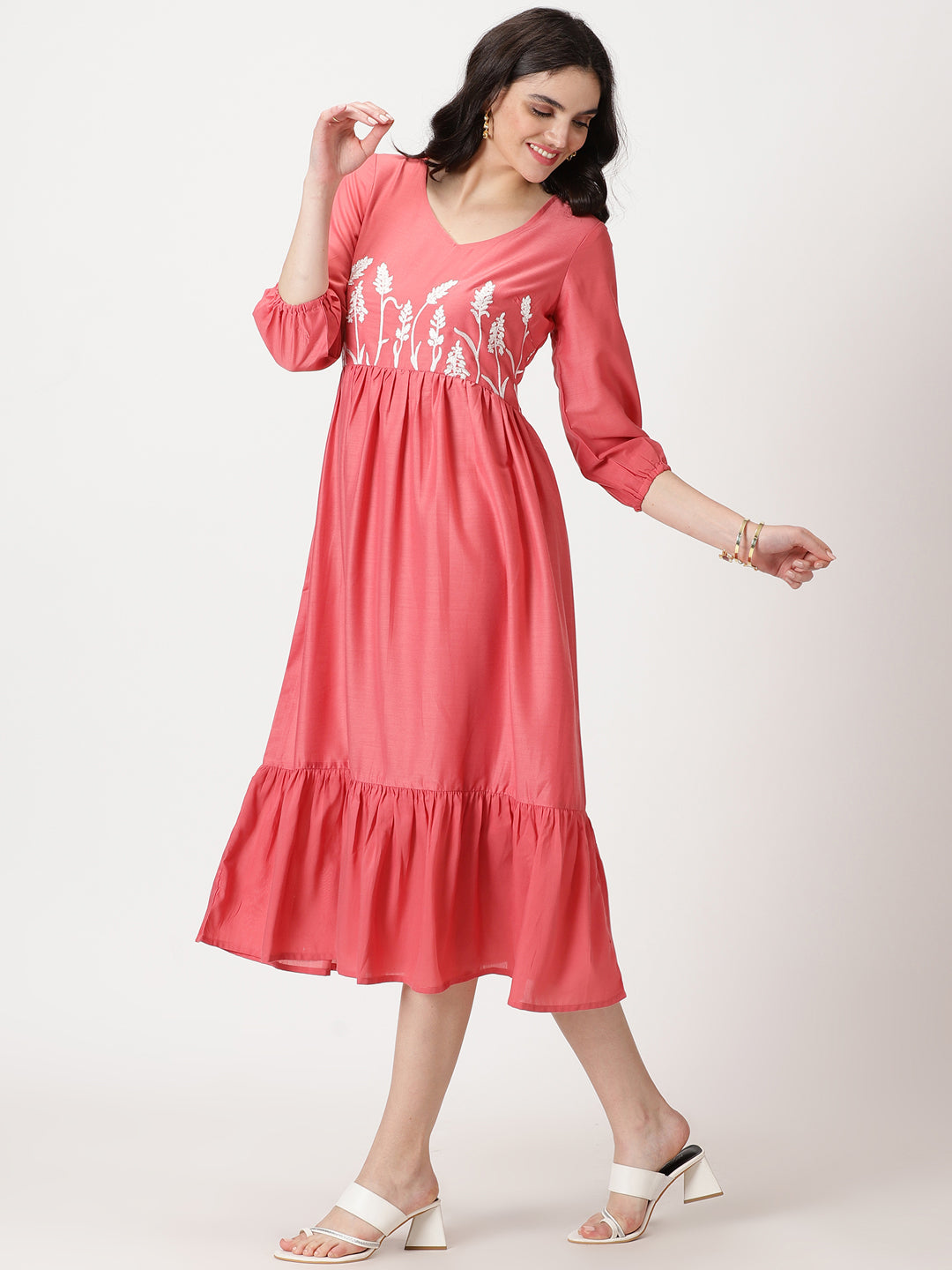 Rose Pink Poly Muslin Boho Midi Dress with Yoke Embroidery