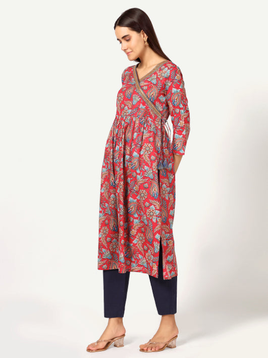 Red Paisley Print Angrakha Kurta with Mirror Embroidery and Gathers