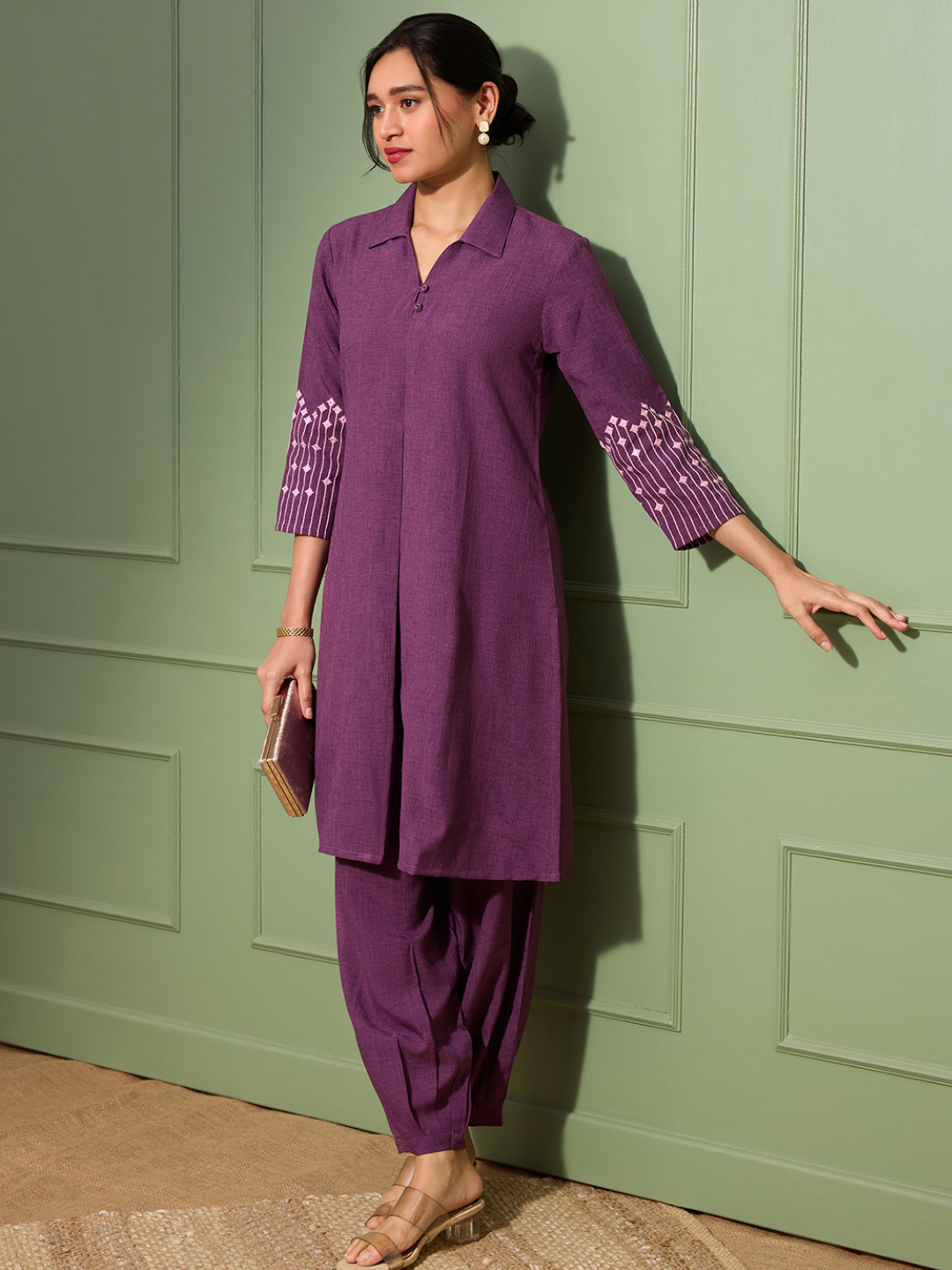 Aubergine Purple  Embroidered Kurta Set with Pleated Pants for Women | Saffron Threads