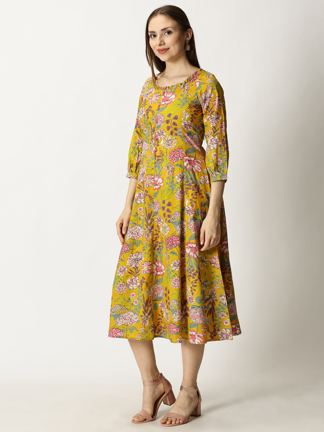 Mustard Tropical Print Boho Cotton Dress