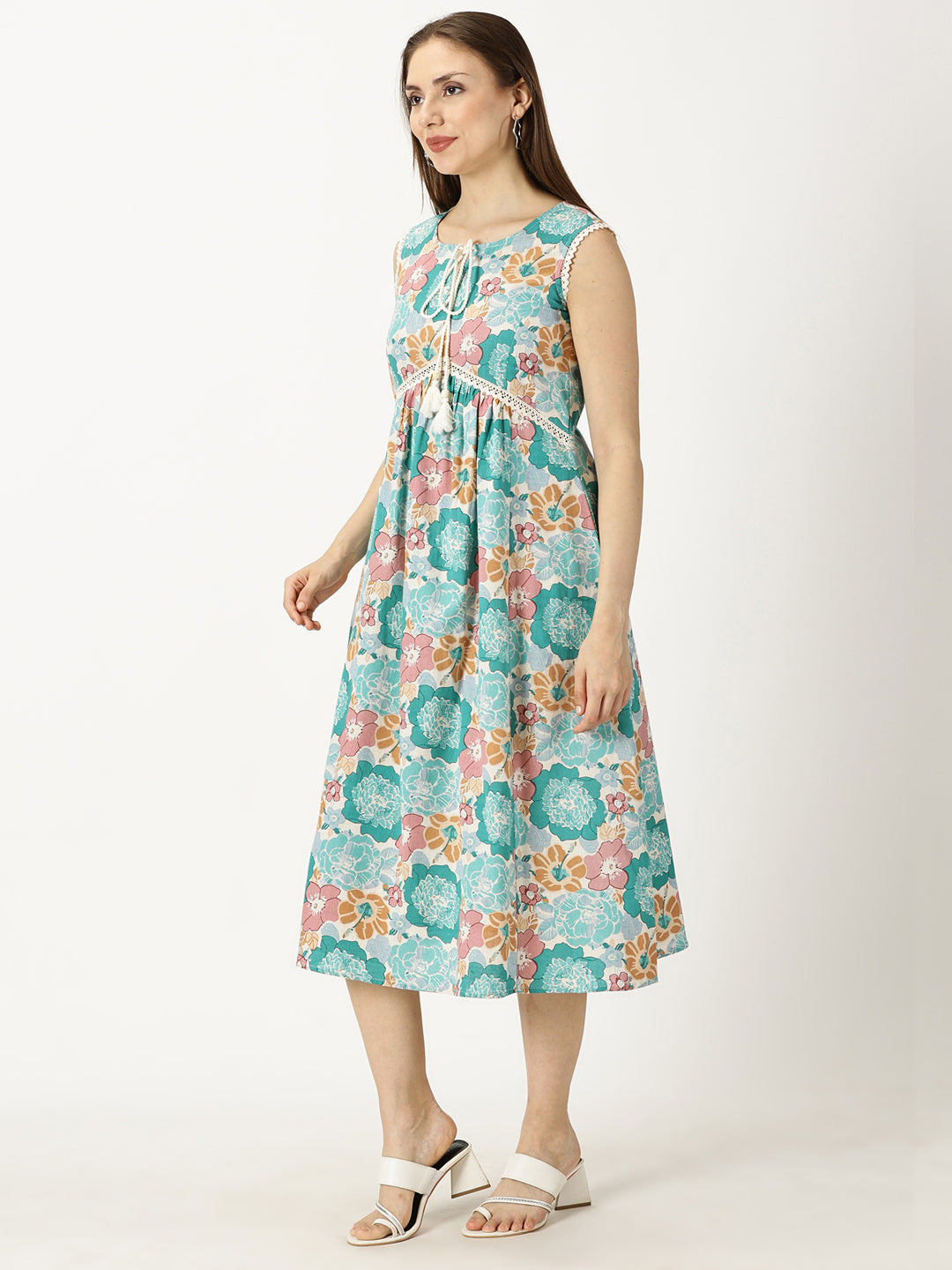 Turqouise Floral Printed Dress with Braided Neck Tie-up and Lace inserts