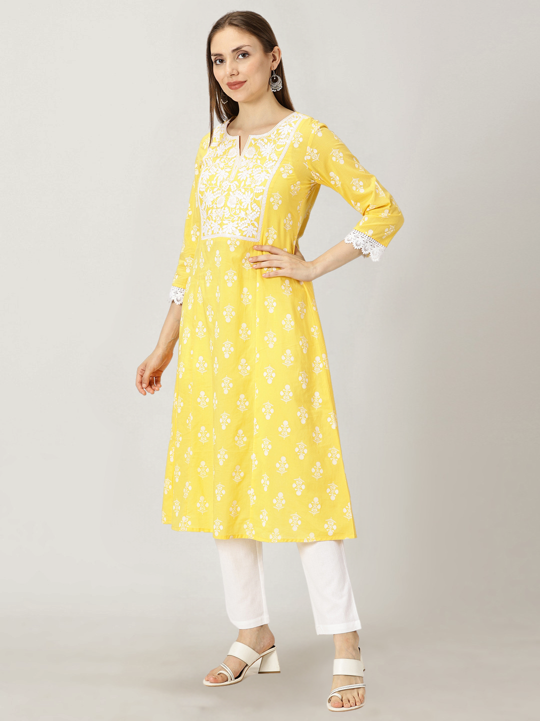 Pastel Yellow Floral Print Cotton Kurta with Chikankari Embroidery