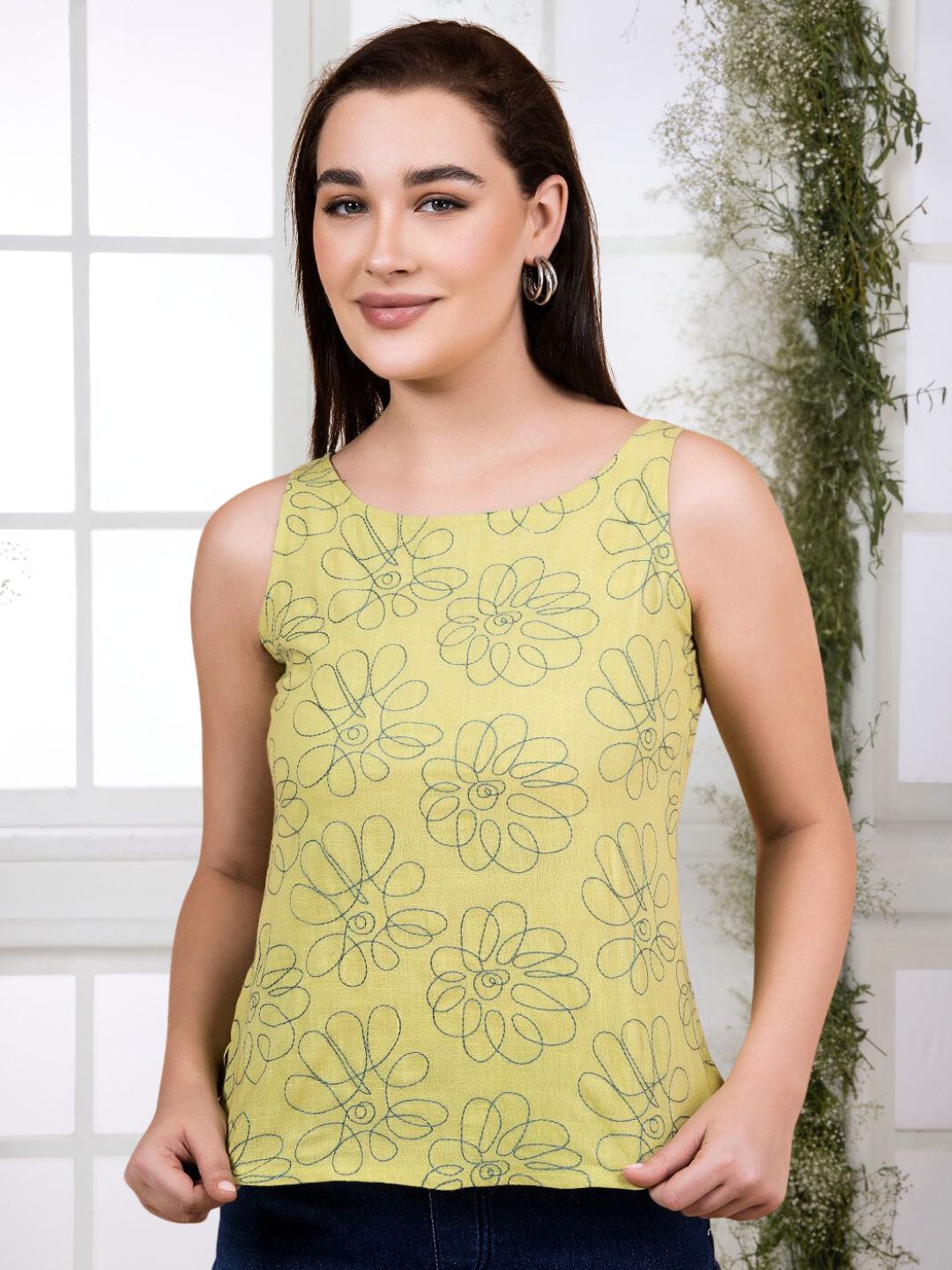 Lime Green Daisy Doodle Embroidered Top