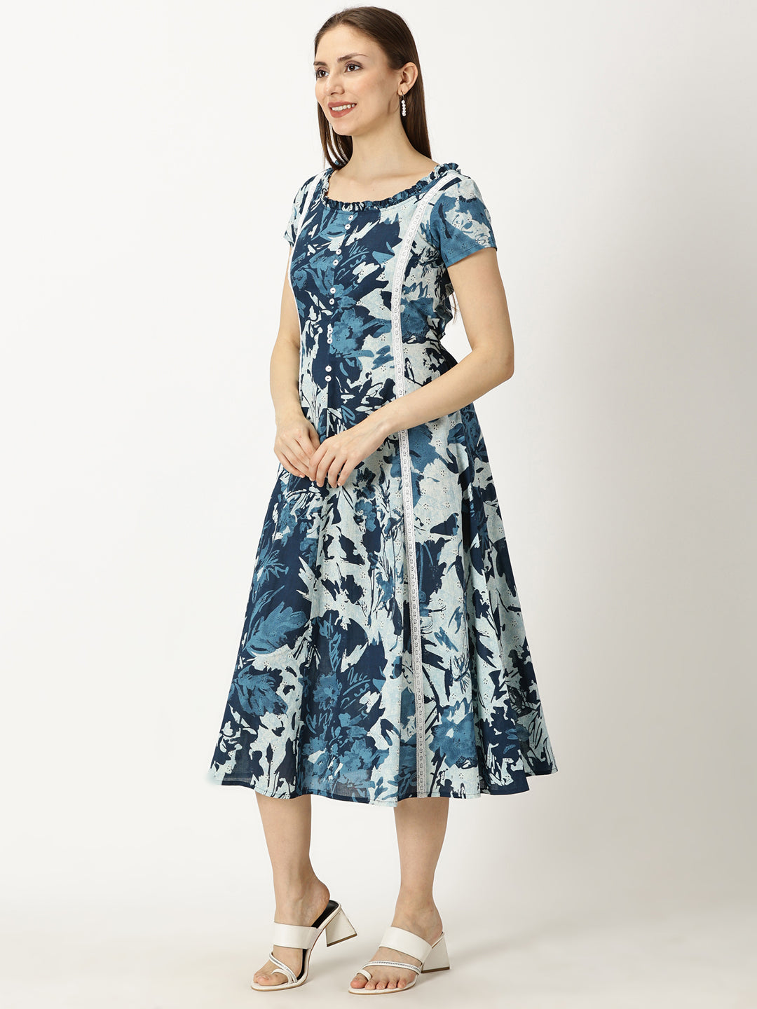 Navy Blue Floral Printed Midi Dress with Waist Tie-up