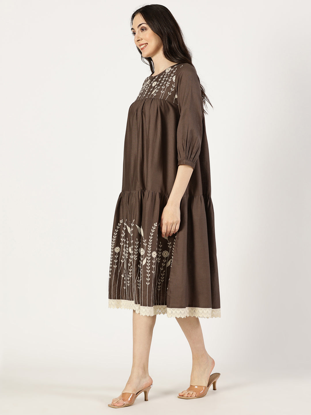 Brown Cotton Linen Embroidered Dress with Lace