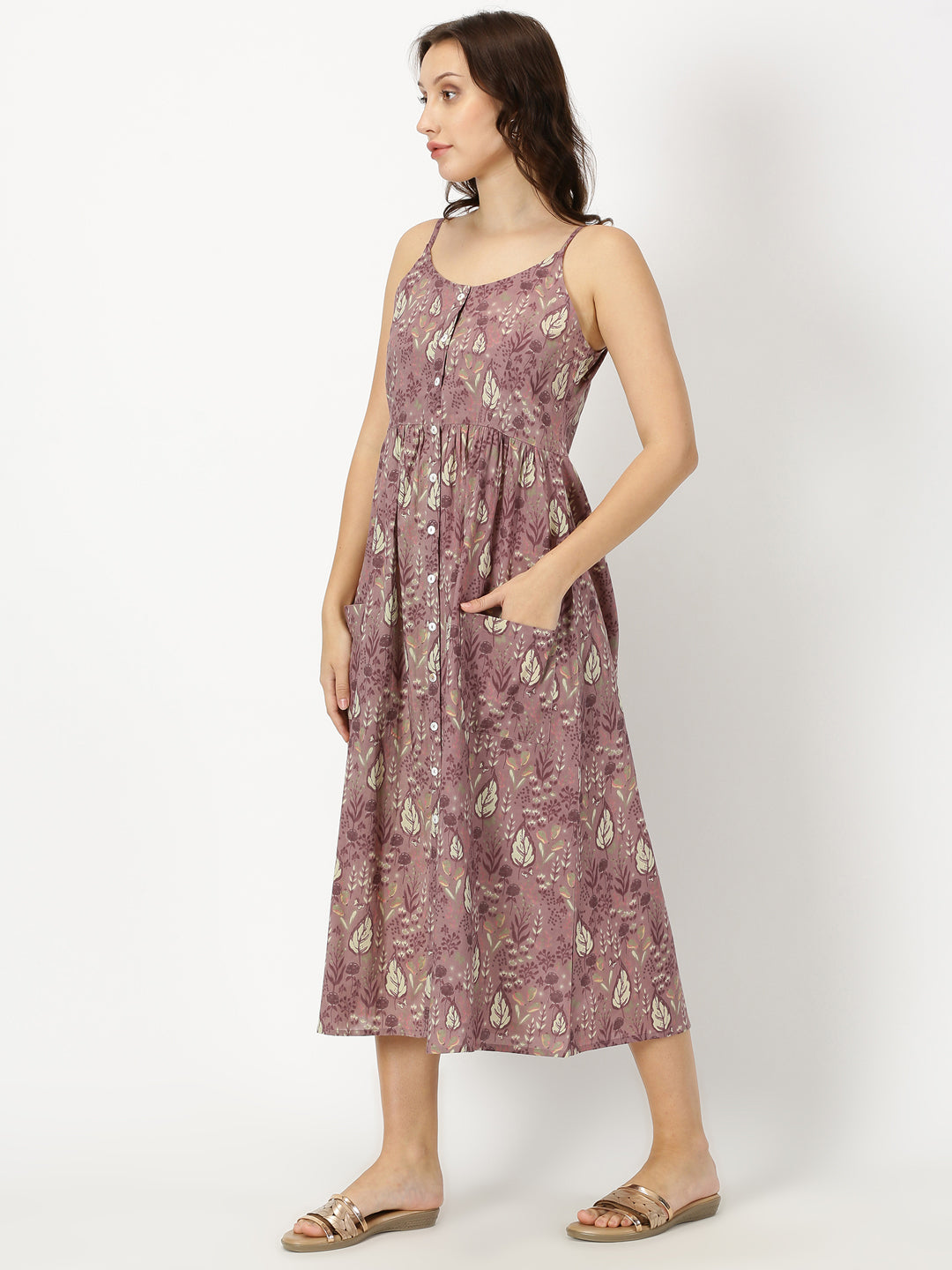 Mauve Leaf Print Strappy Midi Dress