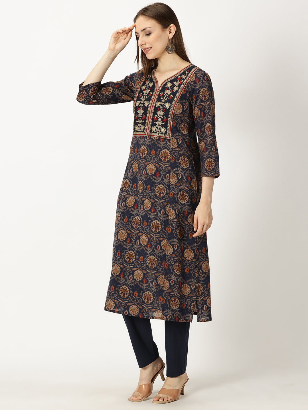 Navy Blue Ethnic Motifs Printed Cotton Kurta with Neck Embroidery