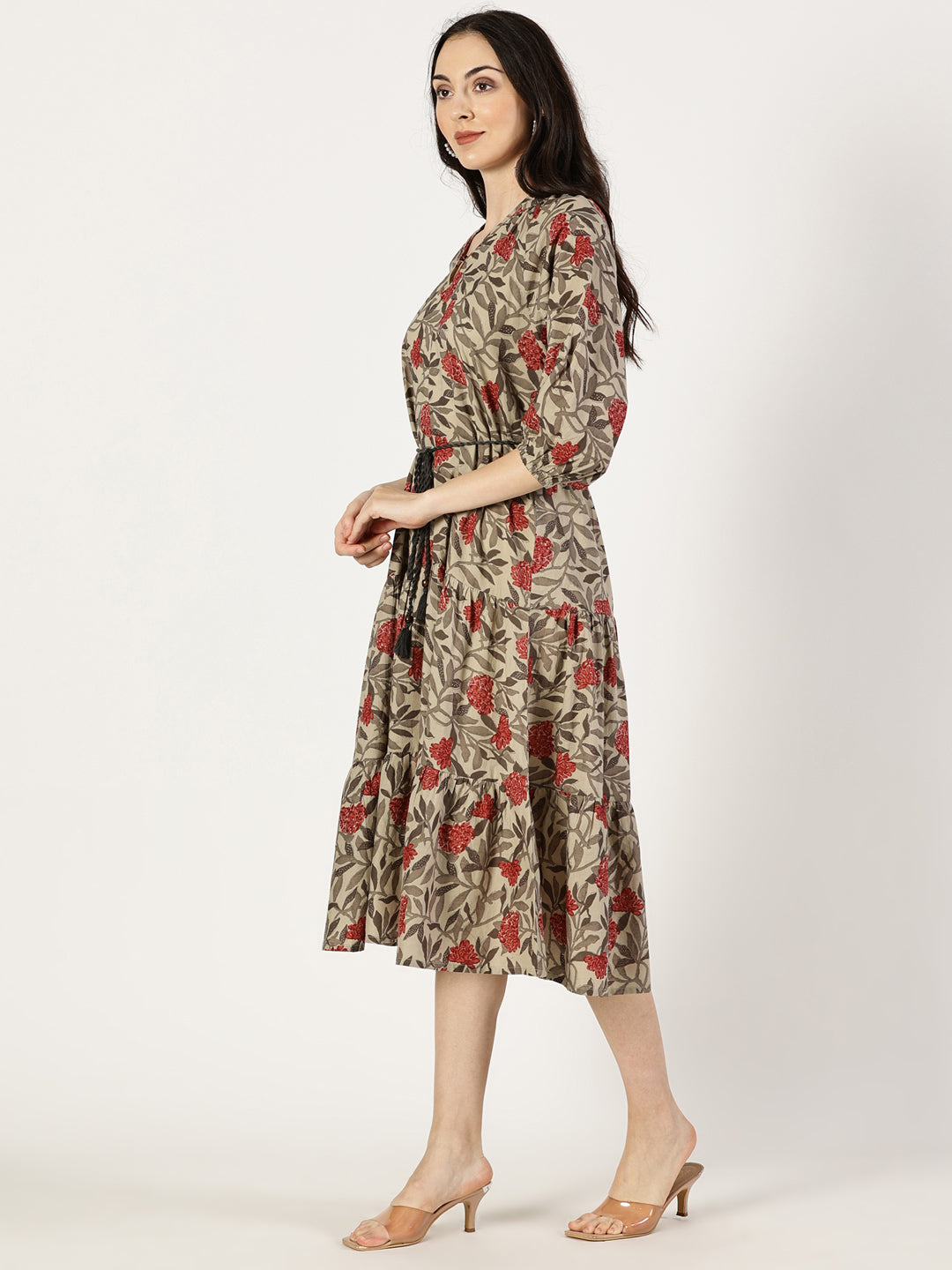 Rust Tropical Print Cotton Dress with Waist Tie-up