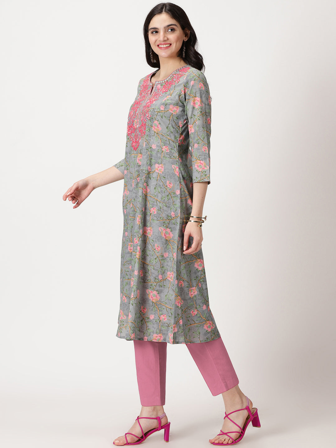 Grey Floral Print A-line Kurta with Embroidered Neck
