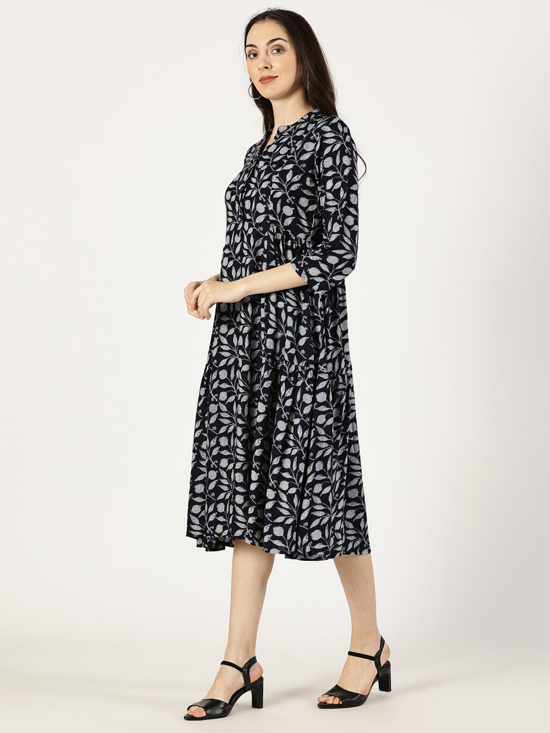 Navy Blue Tropical Print Rayon Dress with Side Gathers