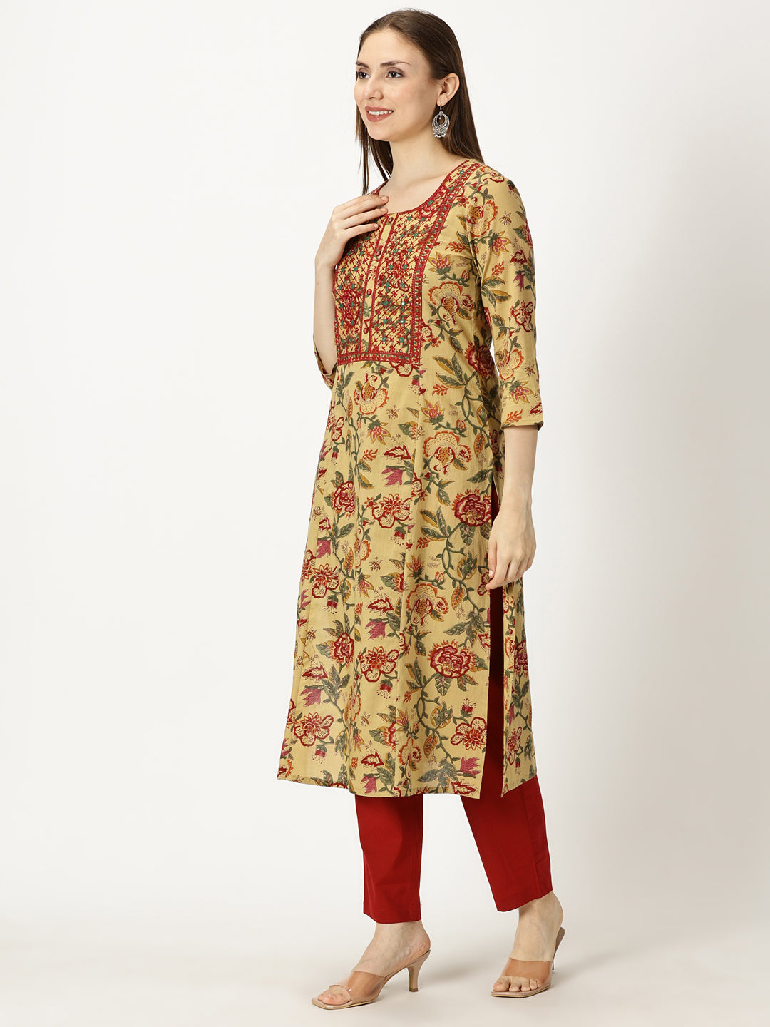 Beige Floral Print Kurta with Yoke Embroidery and Mirror Work