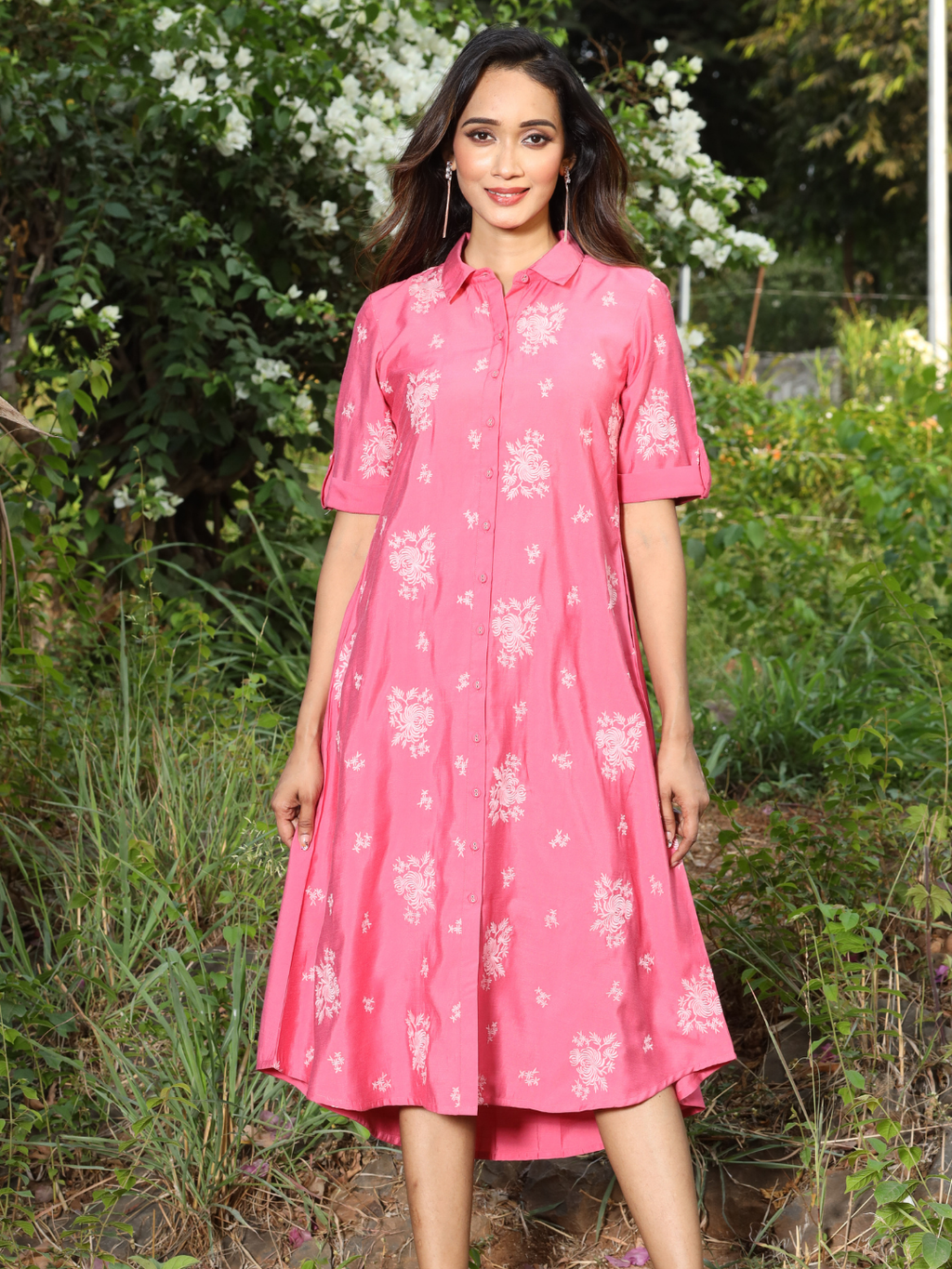 Pink Floral Whirl Embroidered Button-Down Dress