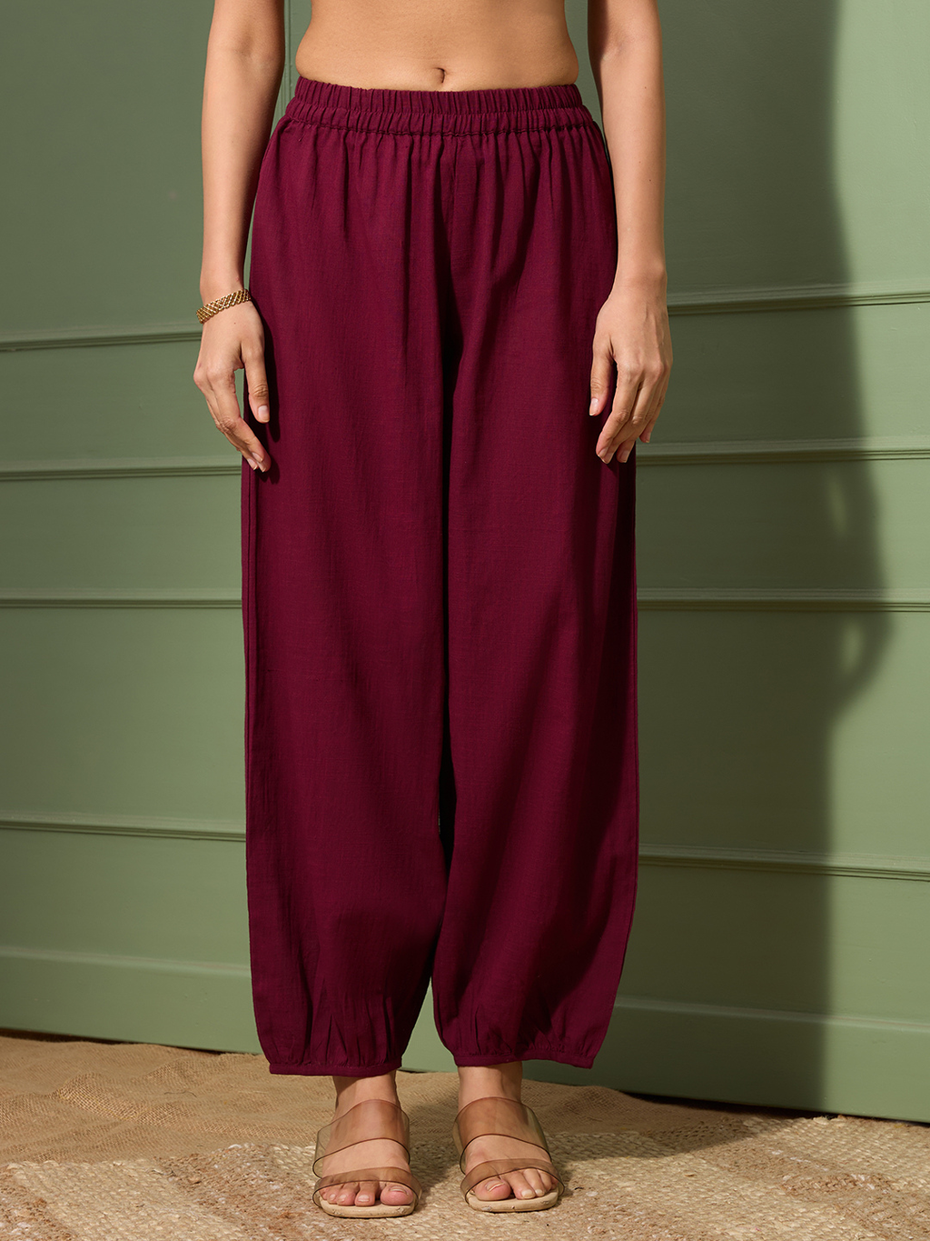 Merlot Wine Kashida Embroidered A-Line Cotton Kurta Set with Afghani Salwar