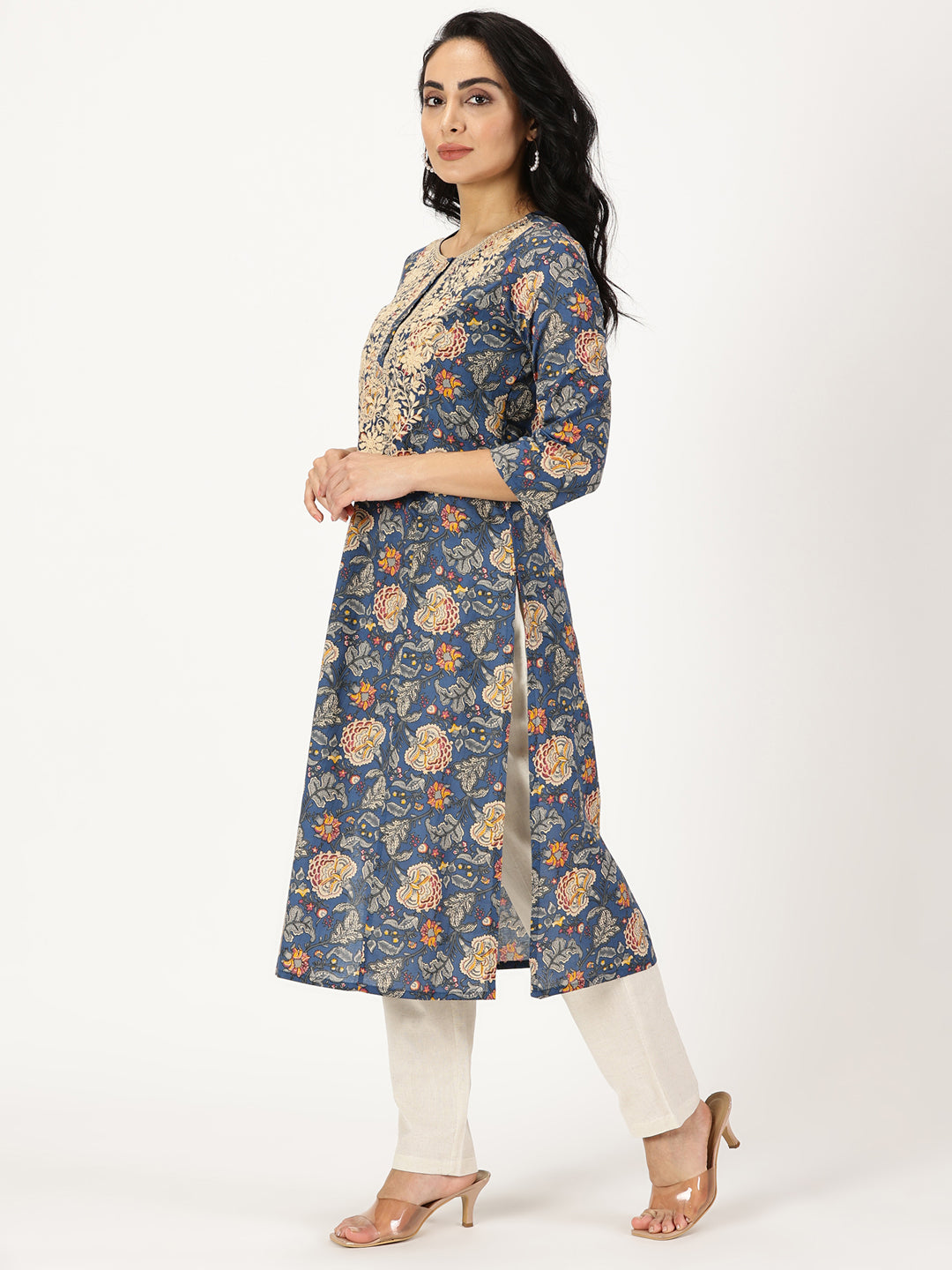 Blue Ethnic Floral Print Kurta with Yoke Embroidery