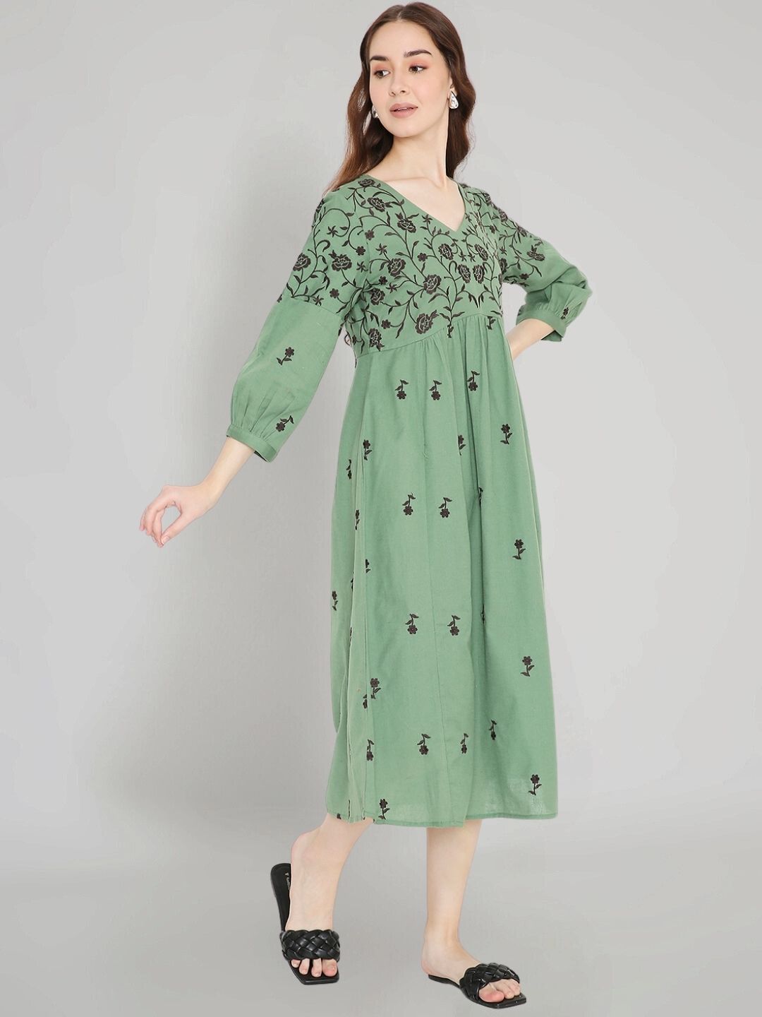 Green Boho Embroidered Cotton Midi Dress