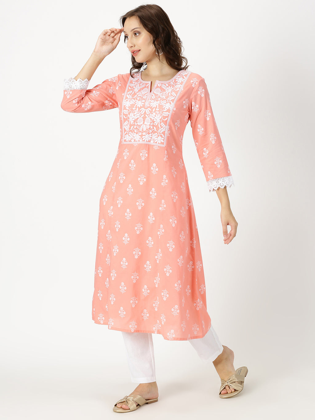 Peach Floral Print Kurta with Chikankari Embroidery