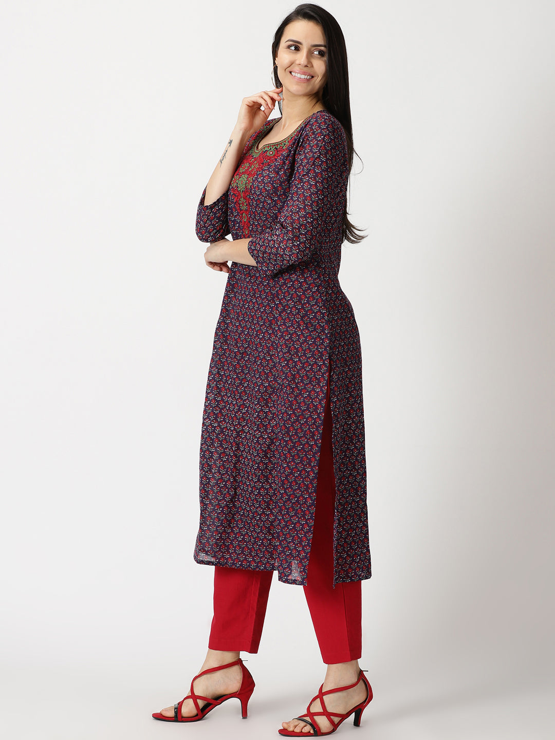 Navy Blue Floral Print Cotton Kurta with Embroidered Neck
