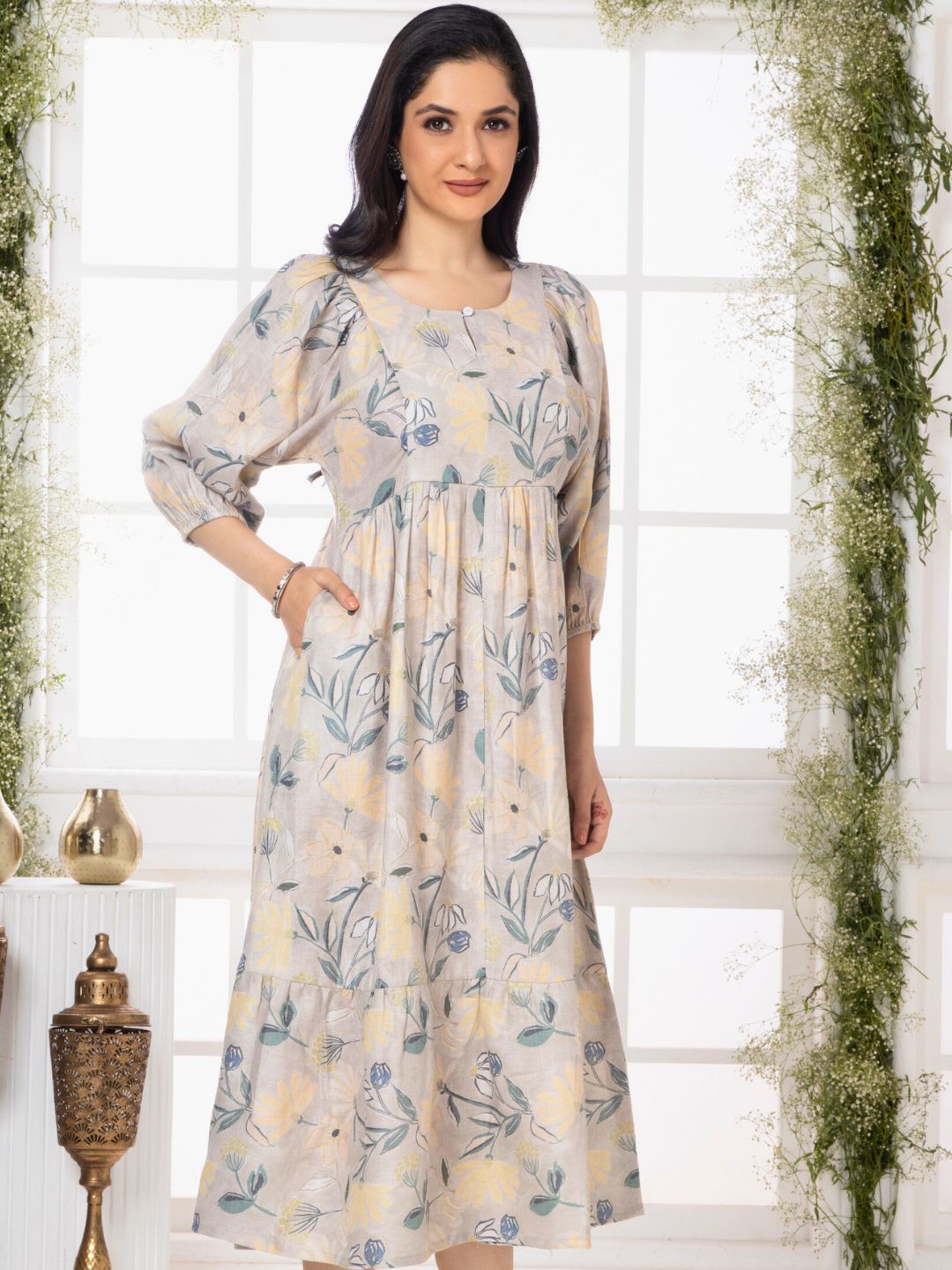 Sand Grey Florette Leaf Midi Dress