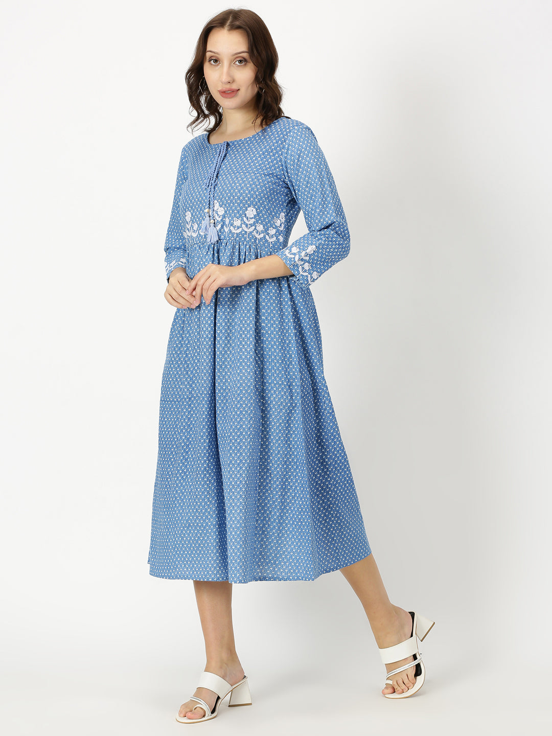 Blue Micro Floral Print Midi Dress with Embroidery